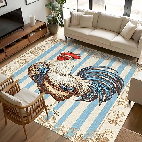 Miniatura 11 de 8ft Round Rug, Retro Rooster Non-Skid Rubber Backing Large Area Rugs - Living Room Bedroom Home Office, Striped Farmhouse Animals Watercolor Indoor