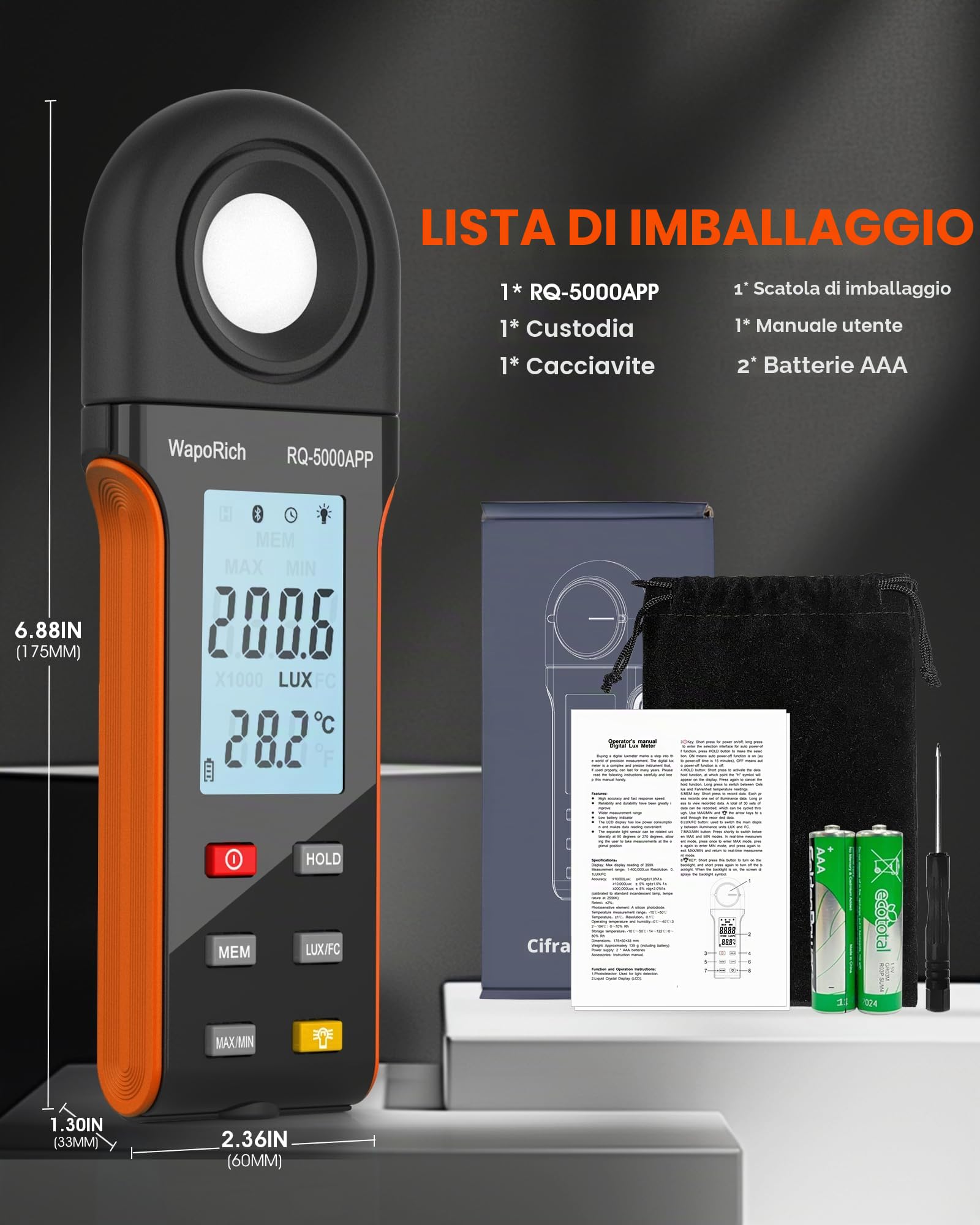 Luxmetro Bluetooth Professionale, WapoRich Misuratore di Luce Digitale Misura 1~400.000 Lux/FC con Temp Ambientale e Schermo Retroilluminato per Piante, Esposimetro Fotografico e Luci LED - RQ-5000APP