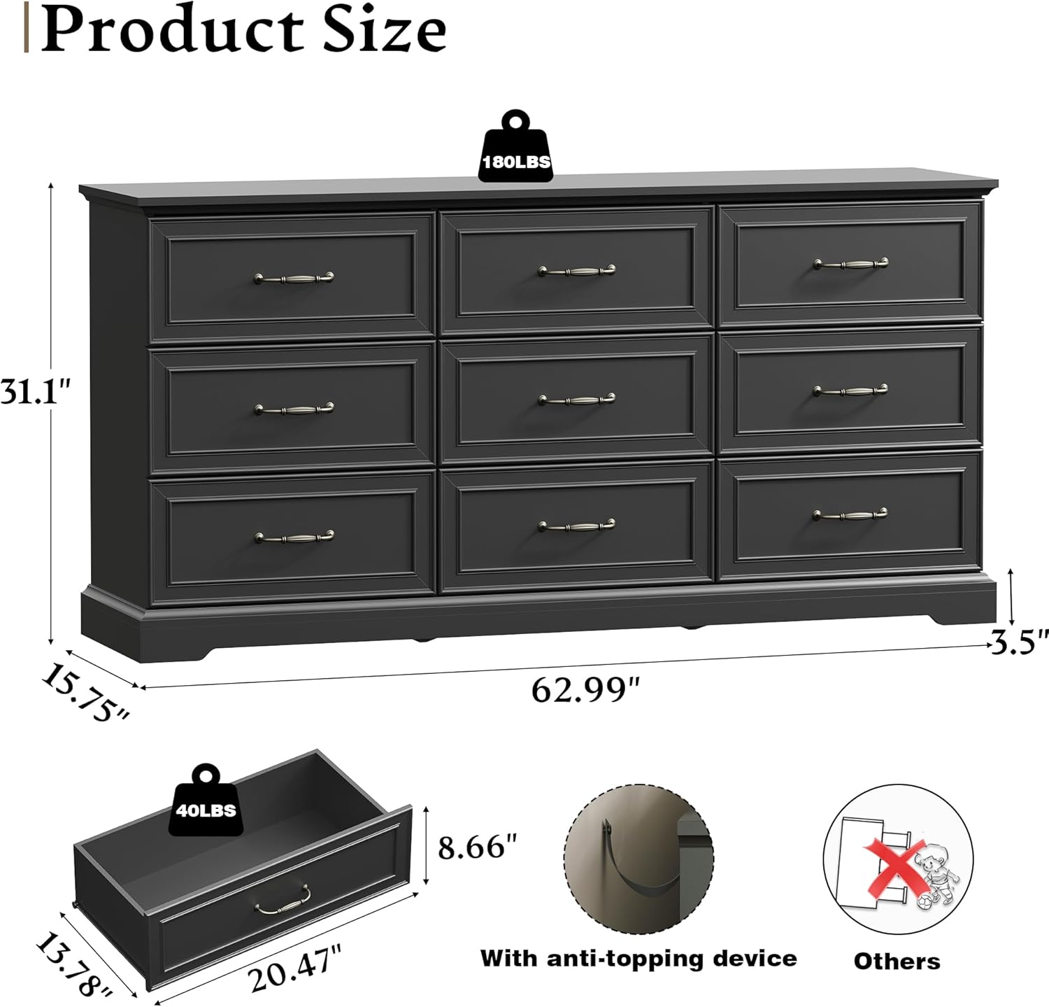 Farmhouse 9 Drawers Dresser for Bedroom, 63" Wide Modern Chest of Drawers with Deep Drawers & Bar Handles, Rustic Wood Dresser TV Stand, Wooden Closet Storage Organizer for Living Room, Hallway, Black