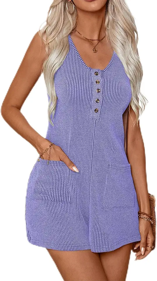 Macacão feminino de verão, sem mangas, com botões, canelado, casual, com bolsos, 2024