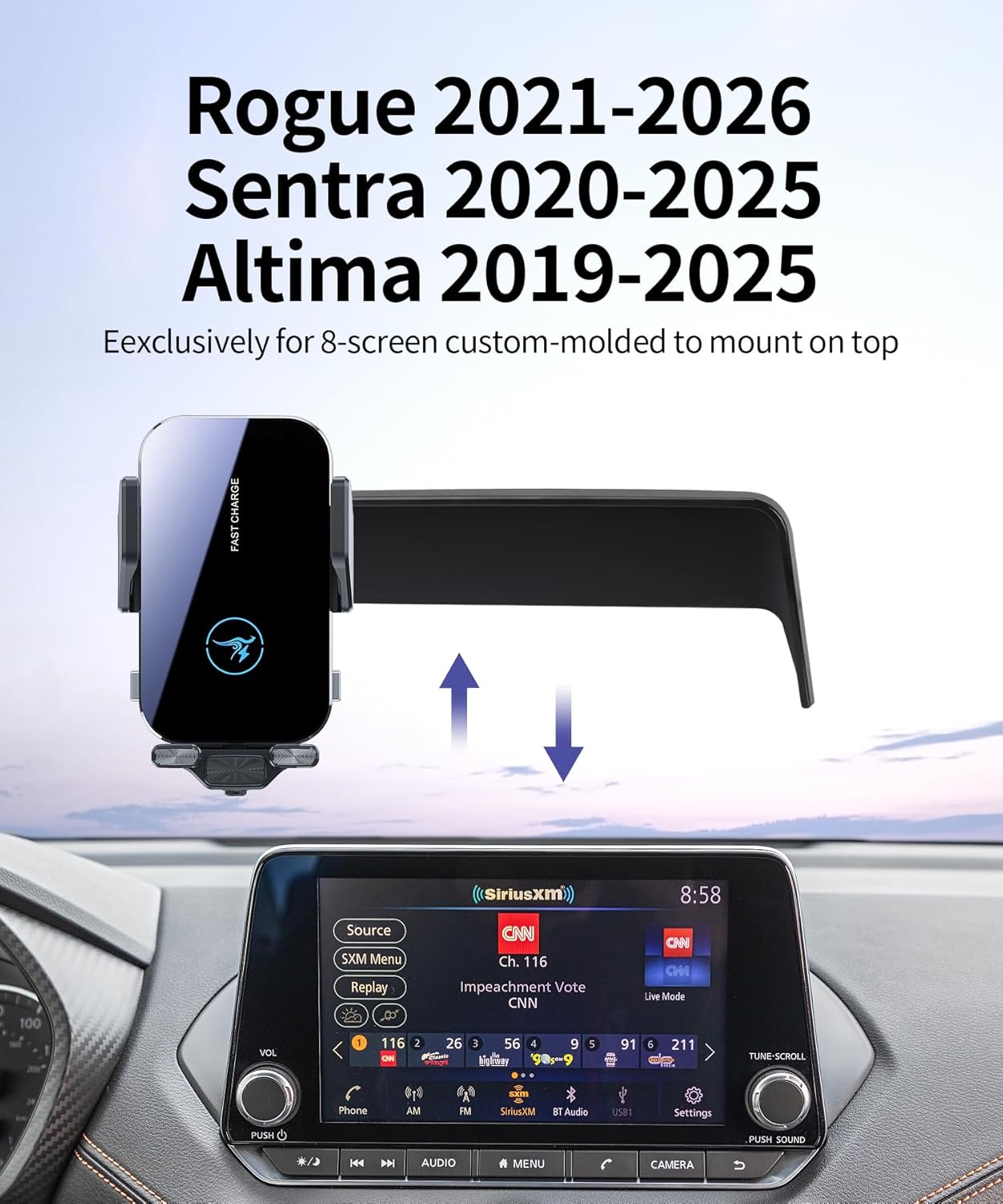 15W Wireless Fast Charger for Nissan Rogue 2021-2026 / Sentra 2020-2025 / Altima 2019-2025 Accessories 8-inch Screen Fixed Clip, 360° Rotation, Interior Decoration Mobile Phone Mount