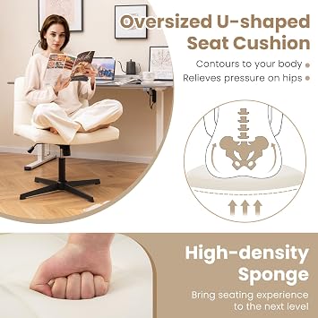 Giantex Criss Cross Chair, PU Leather Cross Legged Office Chair No Wheels, Height-Adjustable Swivel Vanity Chair with U-Shaped Seat, Armless Wide Desk Chair for Home, Office, Make Up, Beige