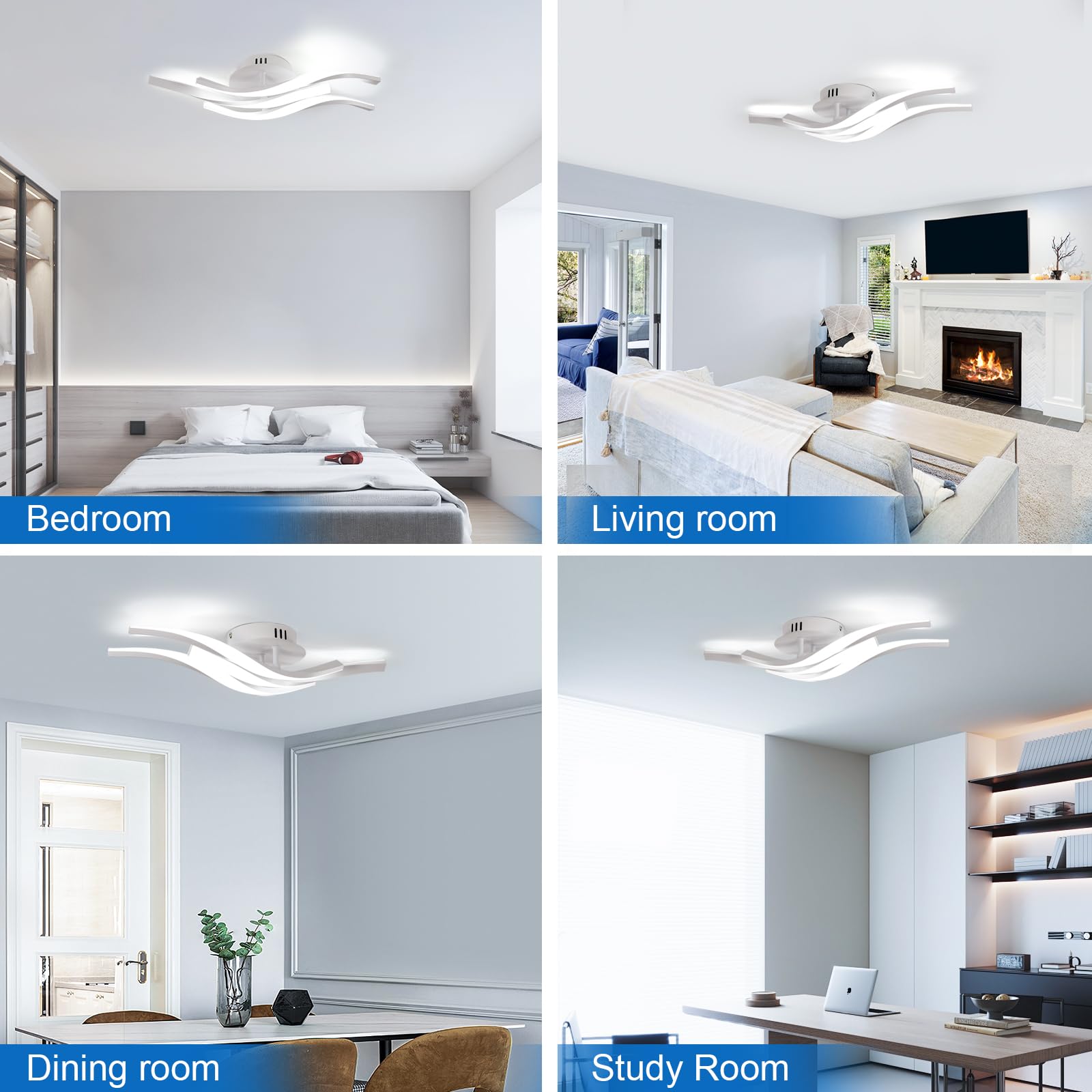 Comely lampa sufitowa LED, 24W 2700LM nowoczesny żyrandol sufitowy LED z 3 zakrzywionymi światłam ibiałe światło 6500K, długość 52 cm