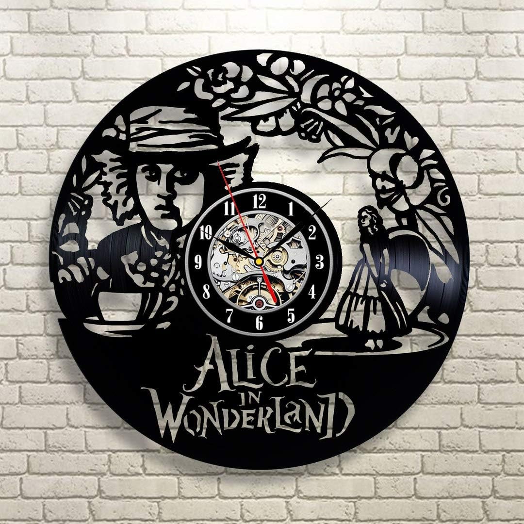 Vintage Wall Clock 12 Inch Alice's Adventures in Wonderland Decorations for Party Alice in Wonderland Wall Art Film Movie Birthday Gift Idea for Kids Retro Vinyl Record Clock
