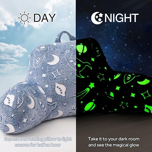 Vista 21 de A Nice Night Star Moon - Almohada de lectura de felpa que brilla en la oscuridad, respaldo de cuña para niños con brazos y apoyo para la espalda Gris
