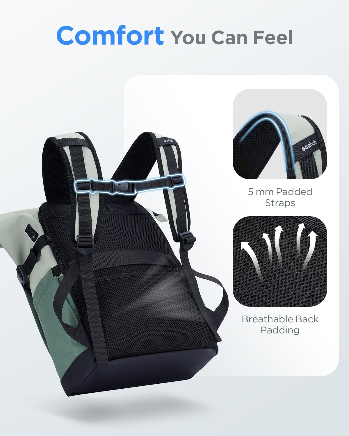 ECOHUB Rolltop Rucksack 20-27L 15.6 Zoll Laptop Rucksack mit Schnellzugriff Urbaner Tagesrucksack Forest Sage
