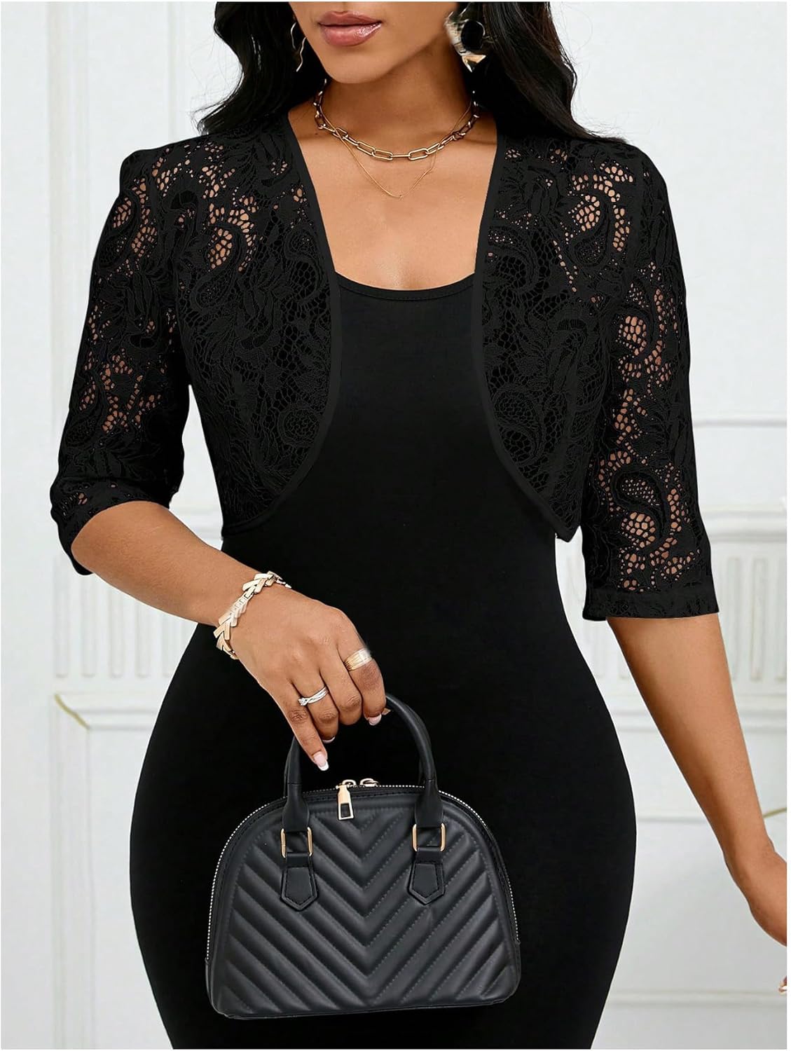 OYOANGLE Women's Floral Lace 3/4 Sleeve Dressy Bolero Shrugs Open Front Lightweight Cropped Cardigans - Image 4