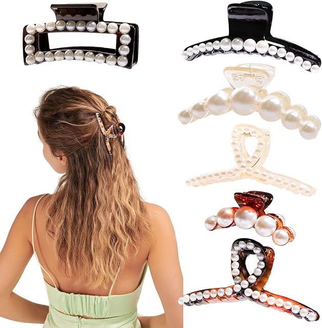 HAYHOI 6 Pieces Pearl Hair Clips, Non-Slip Acrylic Hair Clips, French Design, Elegant Pine Clips, Banana Styling Accessories, Women Girls with Thick Thin Hair, Black/Brown/Transparent