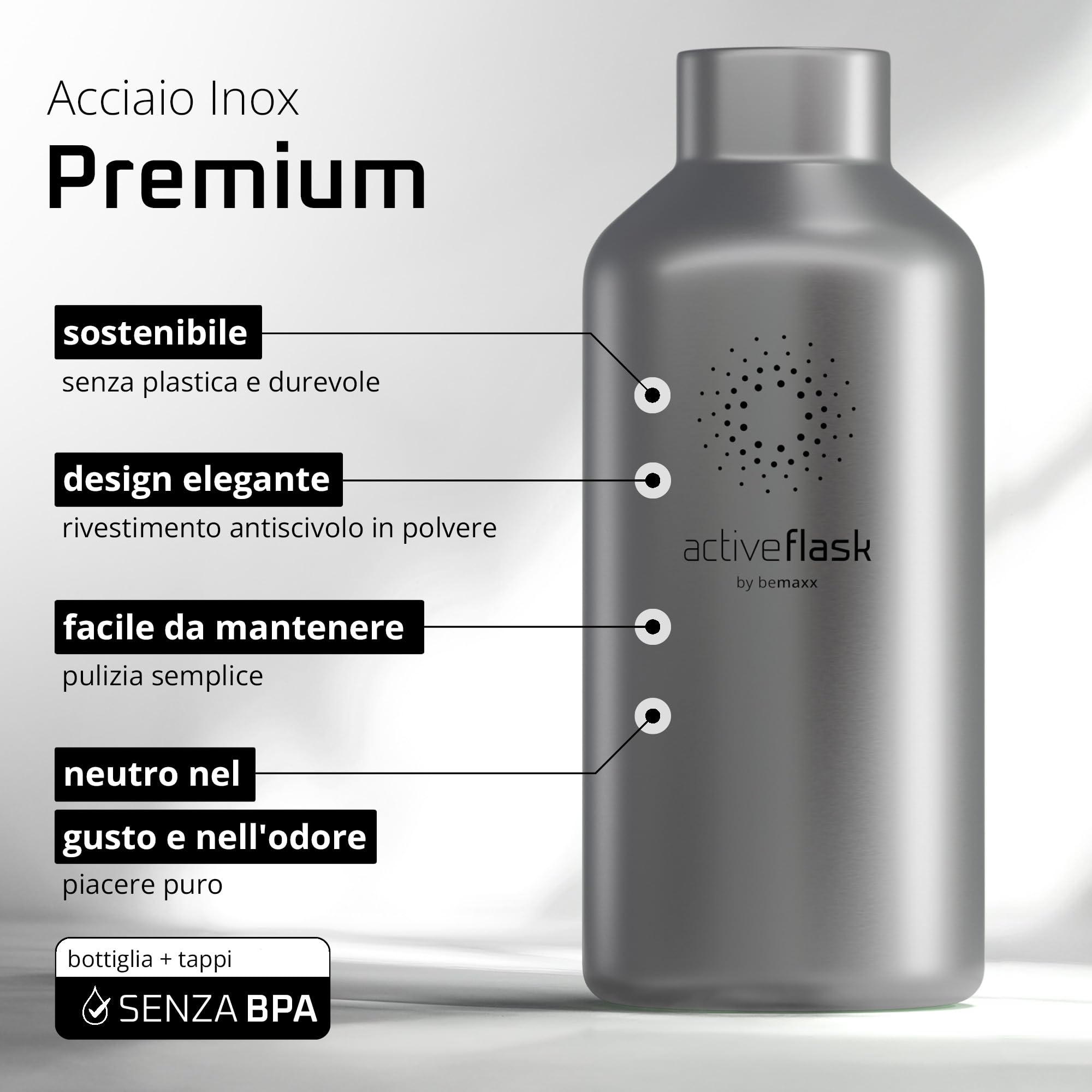 Bottiglia Acqua Termica INOX ACTIVE FLASK + Cannuccia (3 Tappi), Senza BPA, 1l/500ml | Borraccia Isotermica Acciaio - Caldo/Freddo, Ufficio Outdoor Sport Bicicletta viaggio fitness, Caffe Te