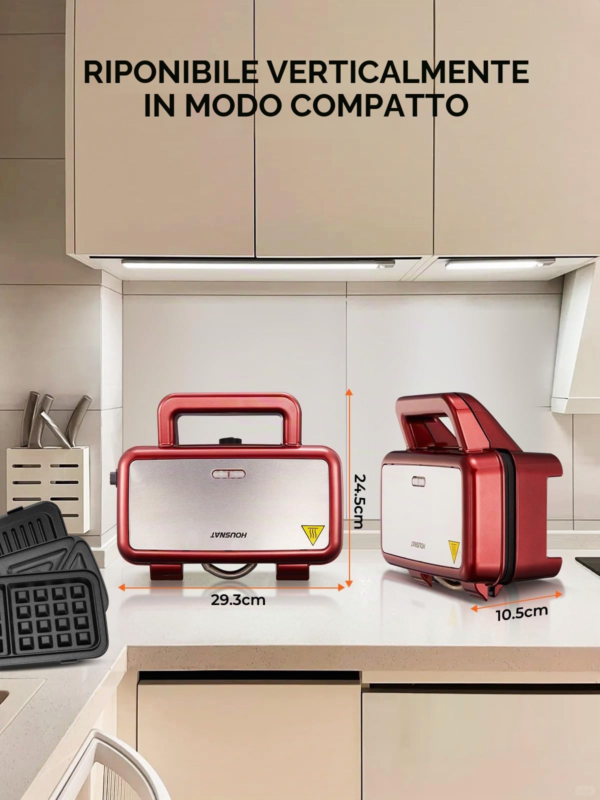 Macchina per sandwich 3 in 1 - Tostapane per sandwich - 1200 W con controllo della temperatura a 5 velocità - Per waffle belgi - Rivestimento antiaderente - Perfetto per la colazione, Rosso