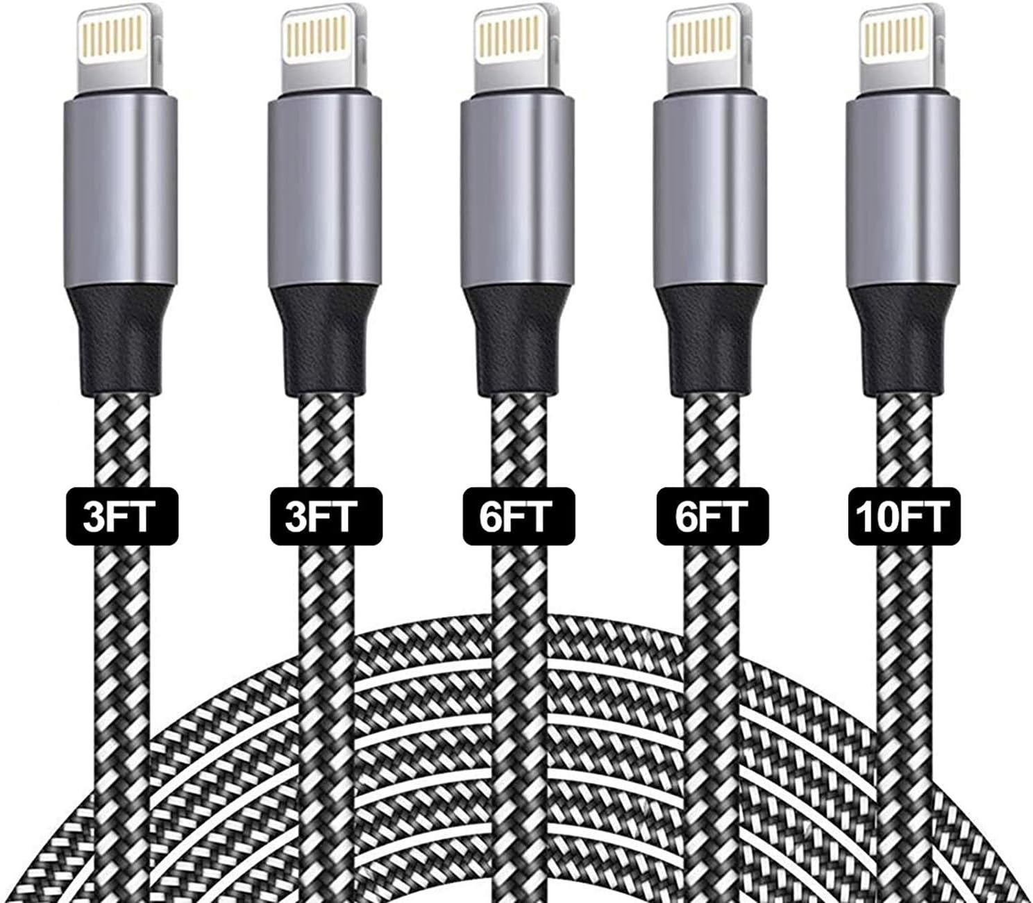 iPhone Charger Cable,SANYEYE MFi Certified [5-Pack 3/3/6/6/10FT] Fast Charger Charging Cable Nylon Braided with Metal Connector for iPhone 12/11/Pro/Xs Max/X/8/7/Plus/6S/6/SE/5S Pad