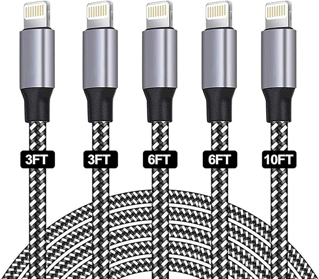 iPhone Charger Cable,SANYEYE MFi Certified [5-Pack 3/3/6/6/10FT] Fast Charger Charging Cable Nylon Braided with Metal Connector for iPhone 14/13/12/11/Pro/Xs Max/X/8/7/Plus/6S/6/SE/5S Pad