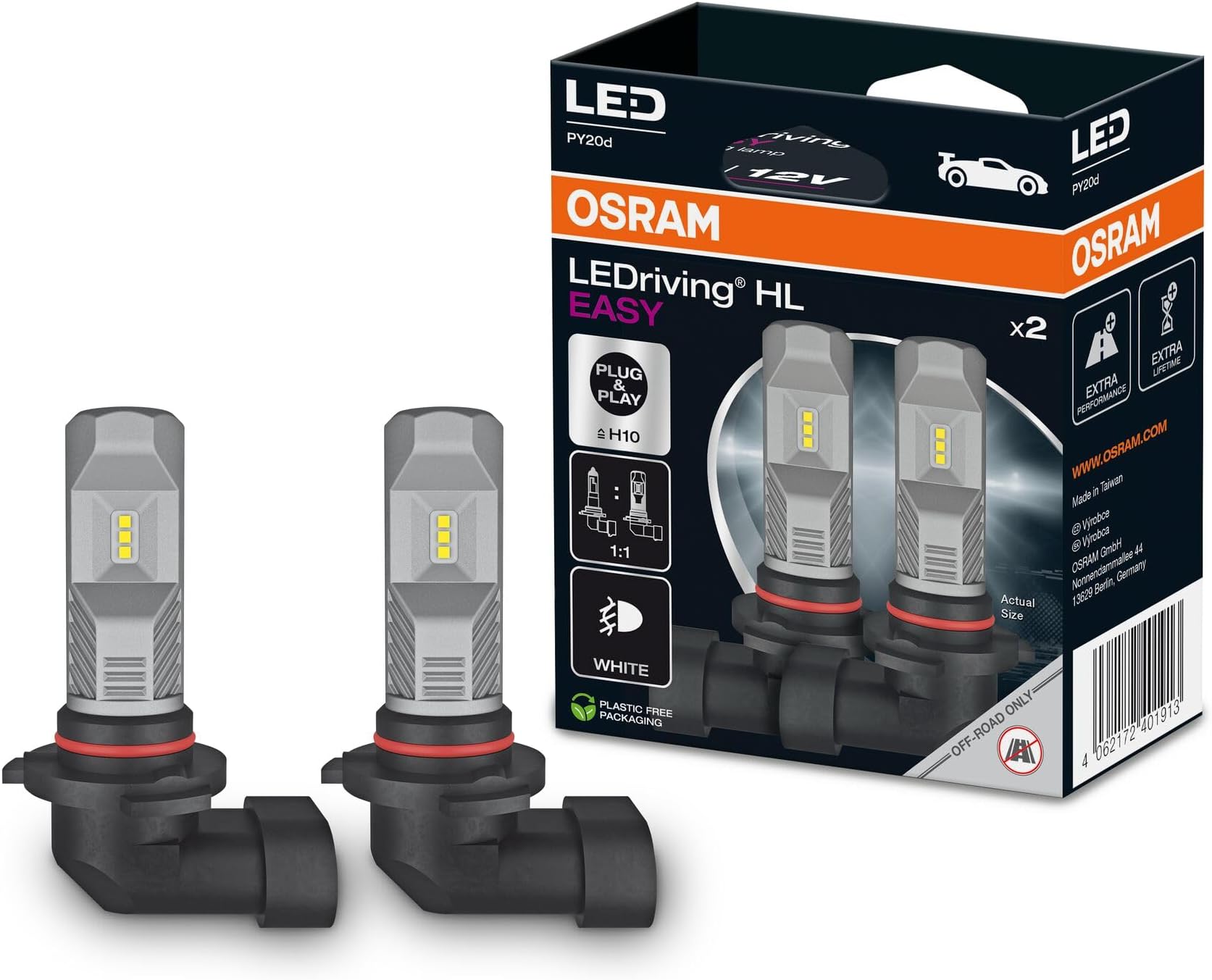 OSRAM LEDriving HL EASY โ H10, LED high and low beam lamp, Cool White 6000K, no accessory needed, offroad use only - no ECE, 2 lamps