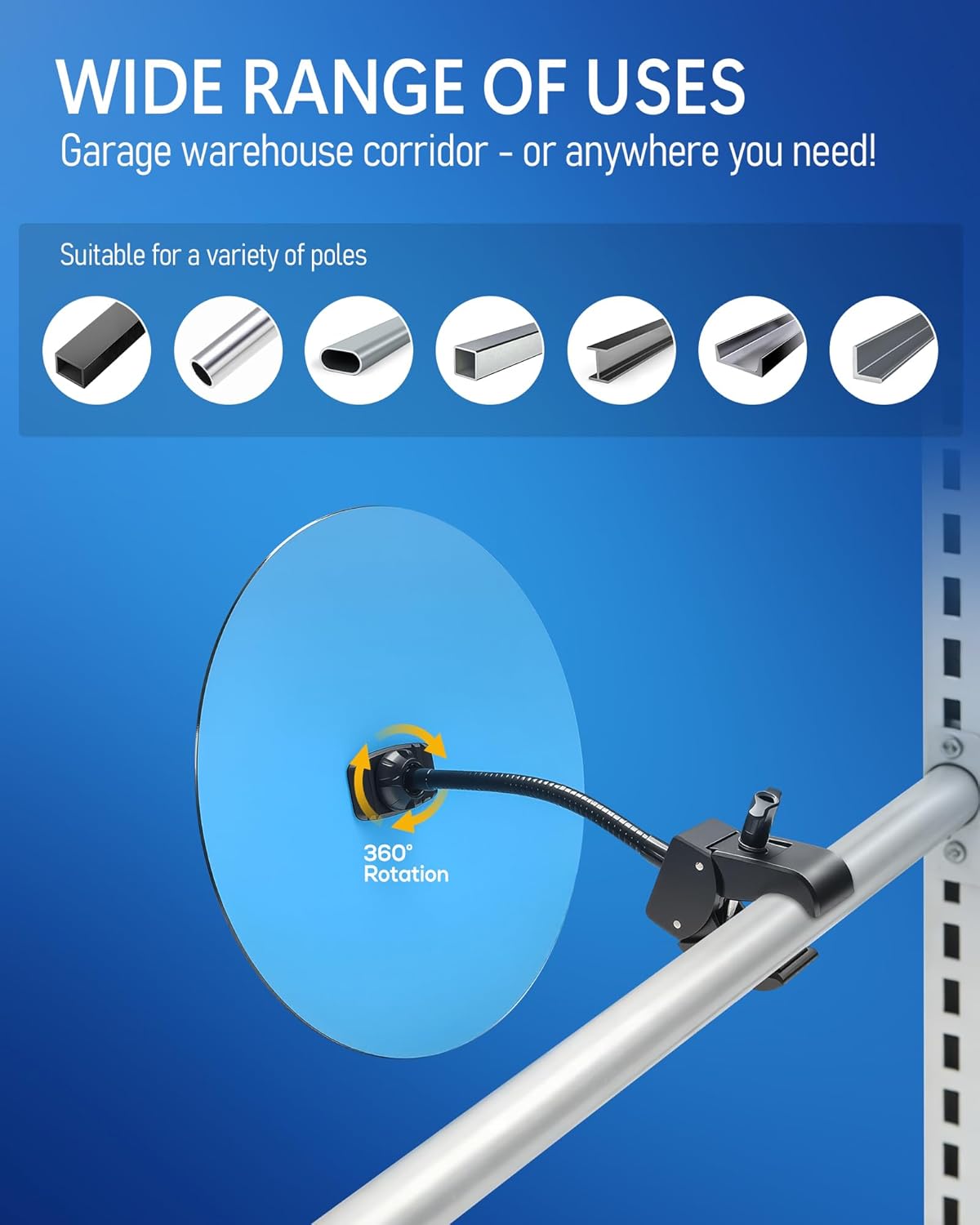 17.3" Wide‑Angle HD Convex Mirror with Crab Clamp Base - Acrylic Safety Security Traffic Corner Mirror, Round Frameless Observation Mirror for Garage, Driveway, Warehouse, Office, Store - Clamp-Mount