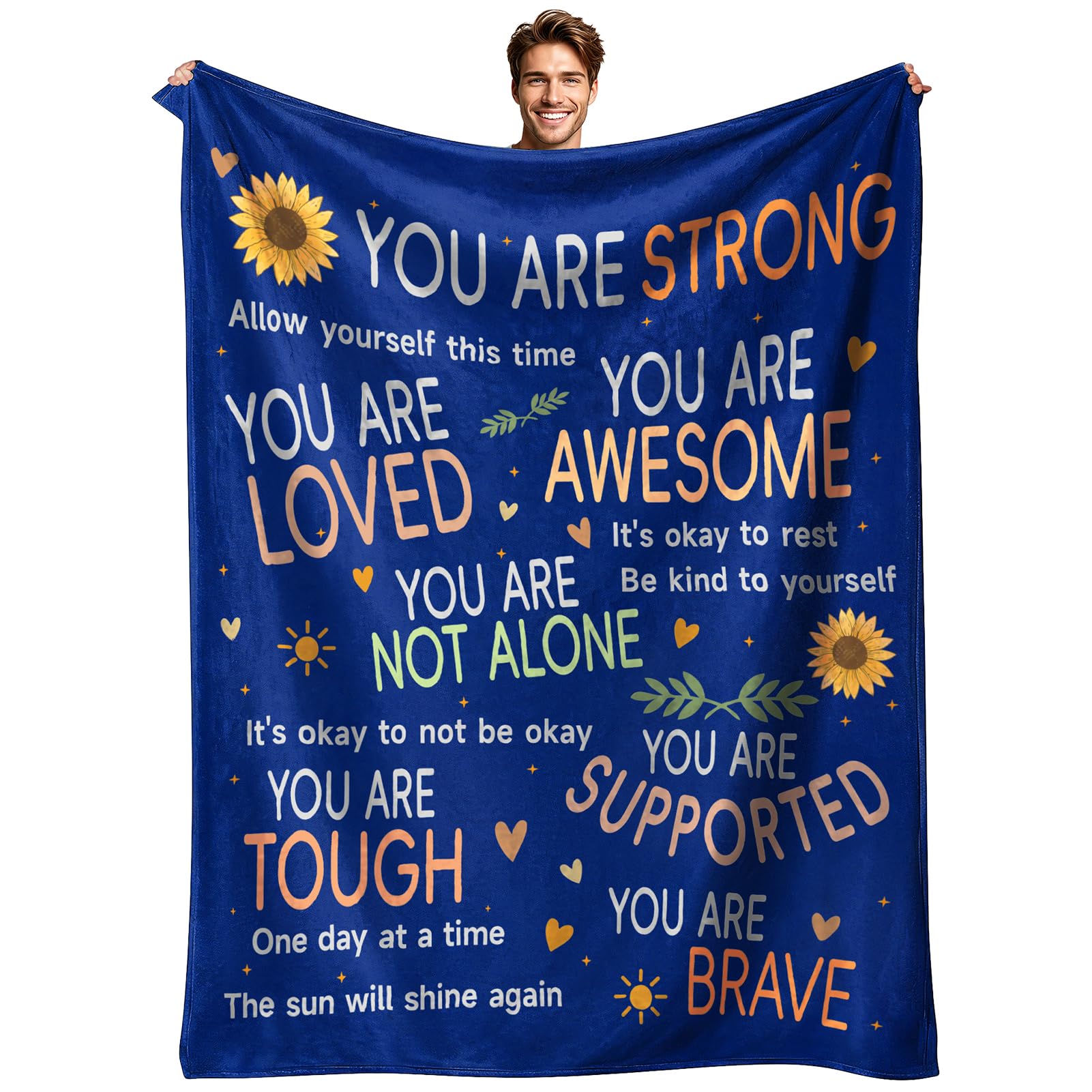 Get Well Soon Gifts for Women Mom After Surgery, Hug Healing Blanket Cancer Care Warm Gift for Patient, Inspirational Encouragement Comfort Thinking of You Present for Friend Men (Blue, 60’’x50’’)