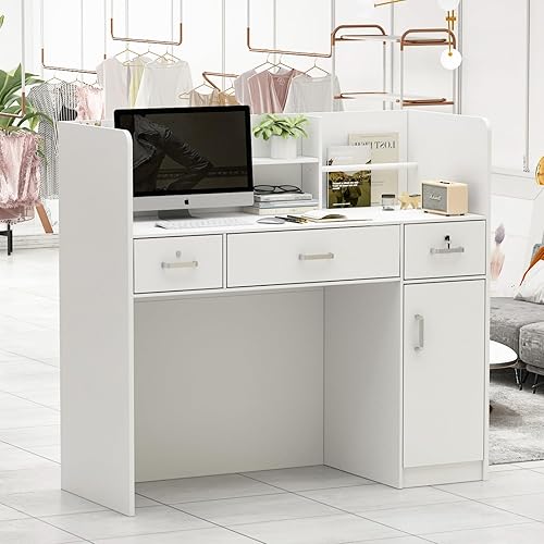 Miniatura 2 de FUFU&GAGA Escritorio de recepción con mostrador, 3 cajones y estantes de almacenamiento, mesa de mostrador de recepción con paneles privados, para