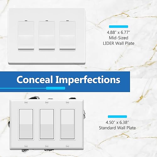 Miniatura 2 de LIDER LSWP-33M-W - Cubierta de interruptor decorativa triple con acabado mate, placa de pared sin tornillos, tamaño mediano de 3 segmentos 4.88 x