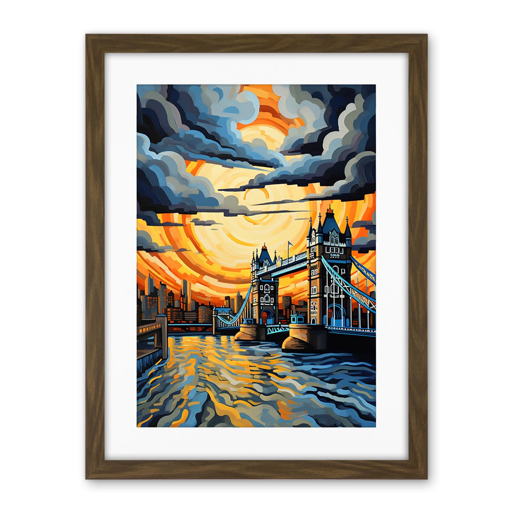 Artery8 London Tower Bridge Dramatic Sunset Vibrant Artwork Blue Orange River Thames England Cloudy Sky Artwork Framed Wall Art Print 18X24 Inch