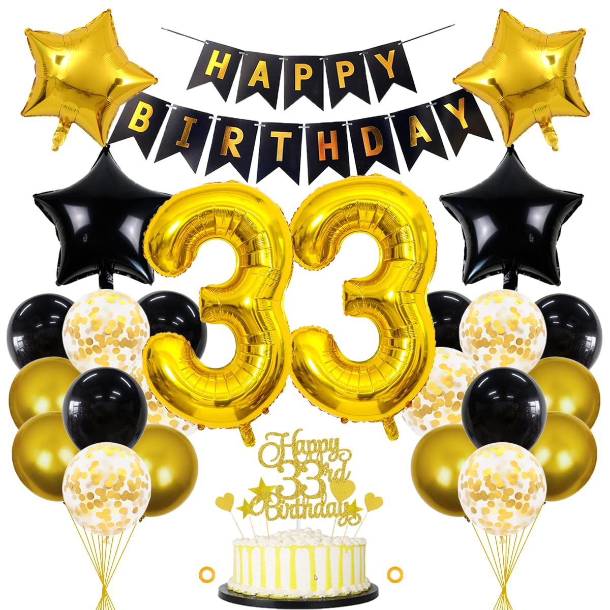 Jxuzh 33rd Birthday Decorations Black Gold - Decoration for Men and Women - Balloons, Garland, Children's Birthday Set - 33 Years Celebration