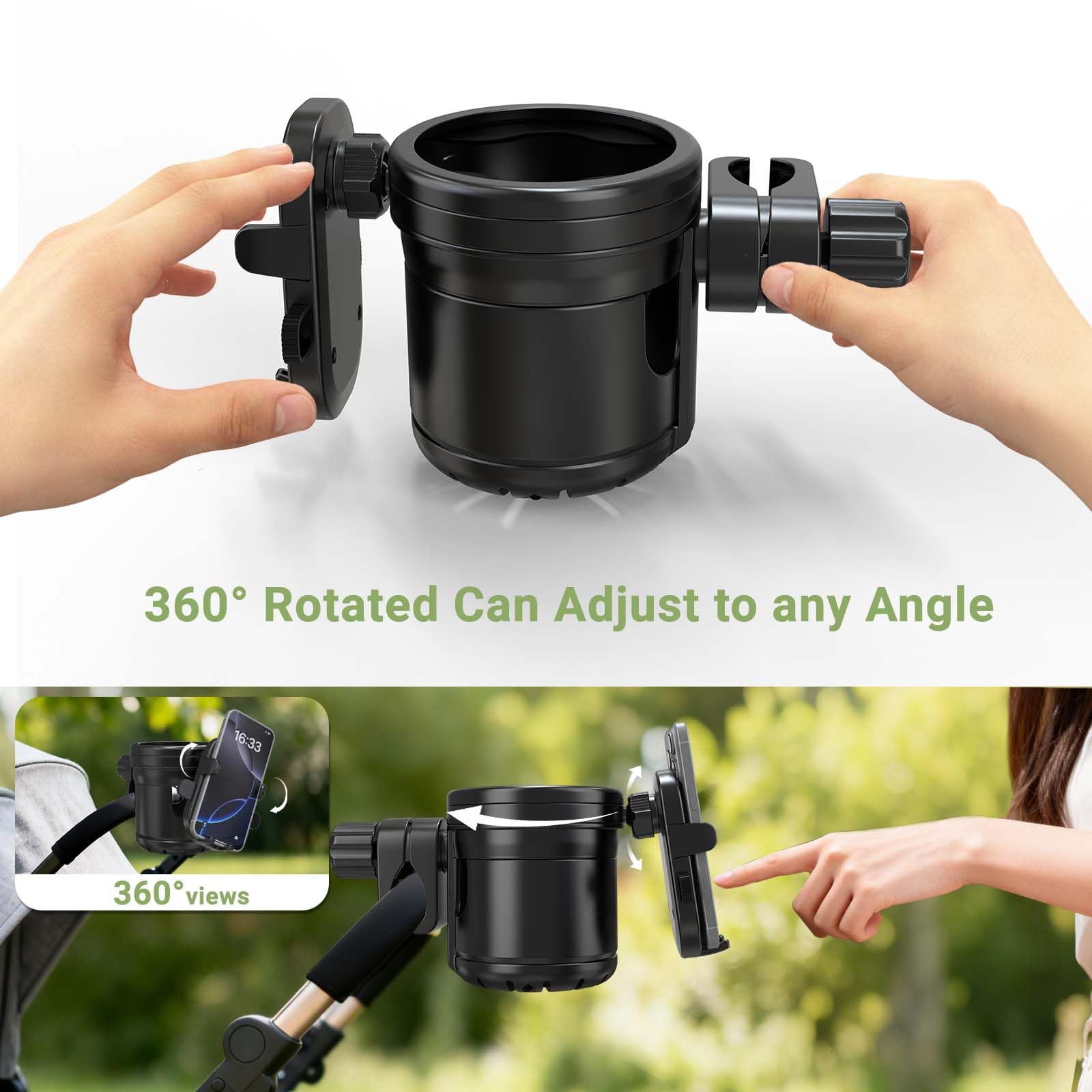 ZealSound Porte-gobelets 3-en-1 pour Poussette avec Support téléphone 360° réglable, Porte-gobelets Simple ou Double, Compatible poussettes, fauteuils roulants, vélos et Chariots