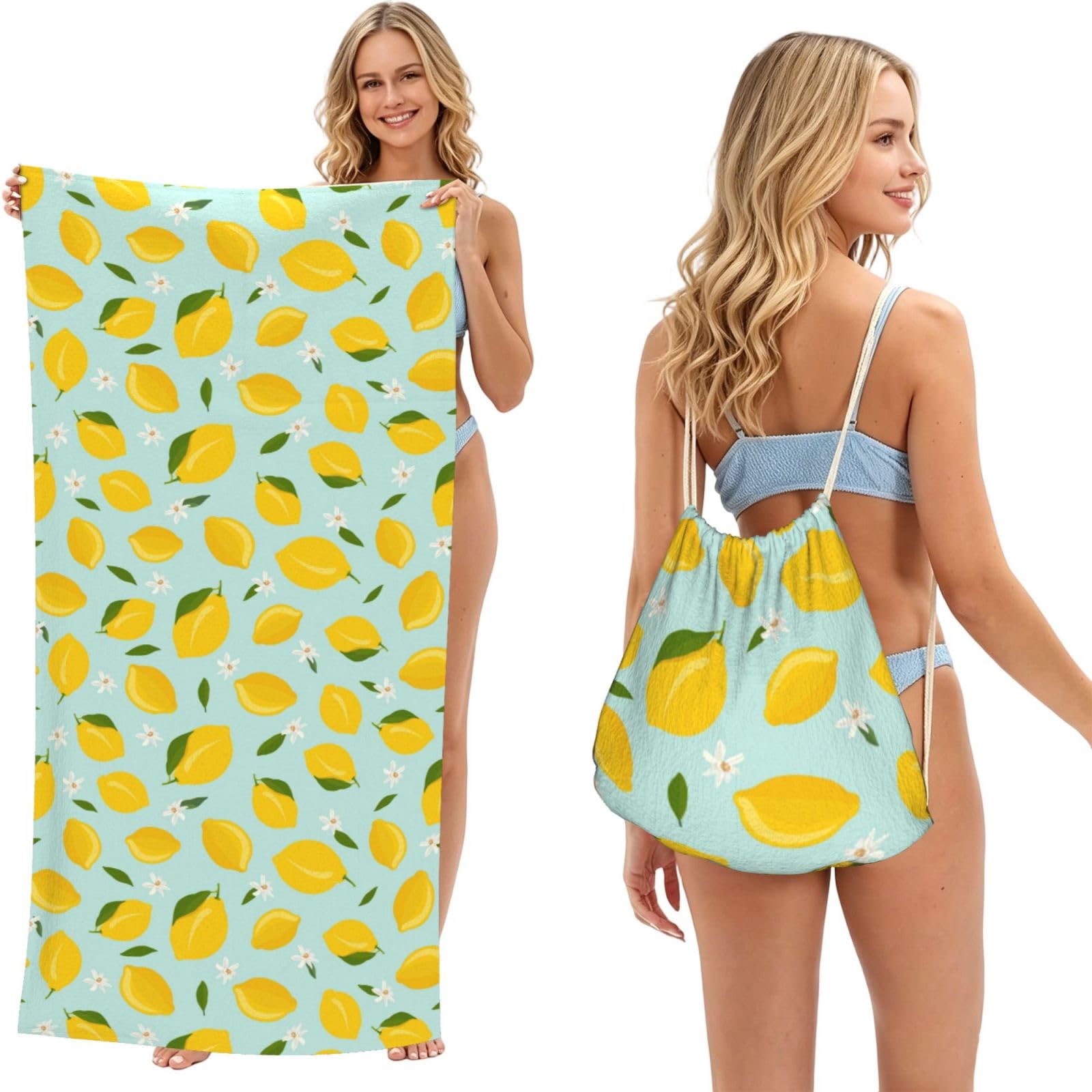 Poadnly As Picture Lemon Fruits Flower Leaves, 2 In 1 Packable Towel Bag, Beach Towels With Drawstring Backpack For Travel Holiday Camping