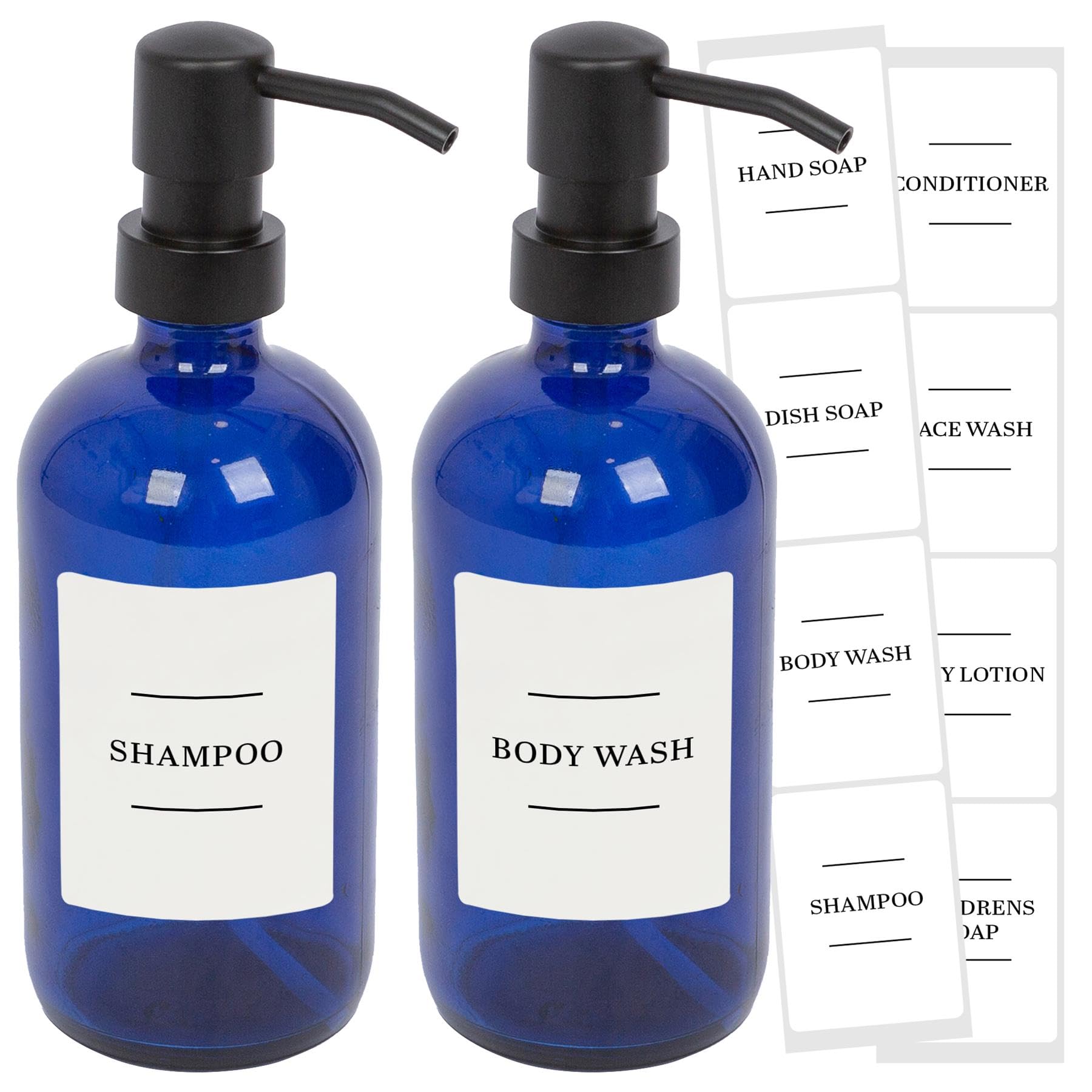 Harbour Housewares Glass Soap Dispensers with Labels Pack of 2-500ml Blue Refillable Bottles with Black Pumps and White Labels - Bathroom and Kitchen Accessories for Hand Wash, Lotion or Sanitiser