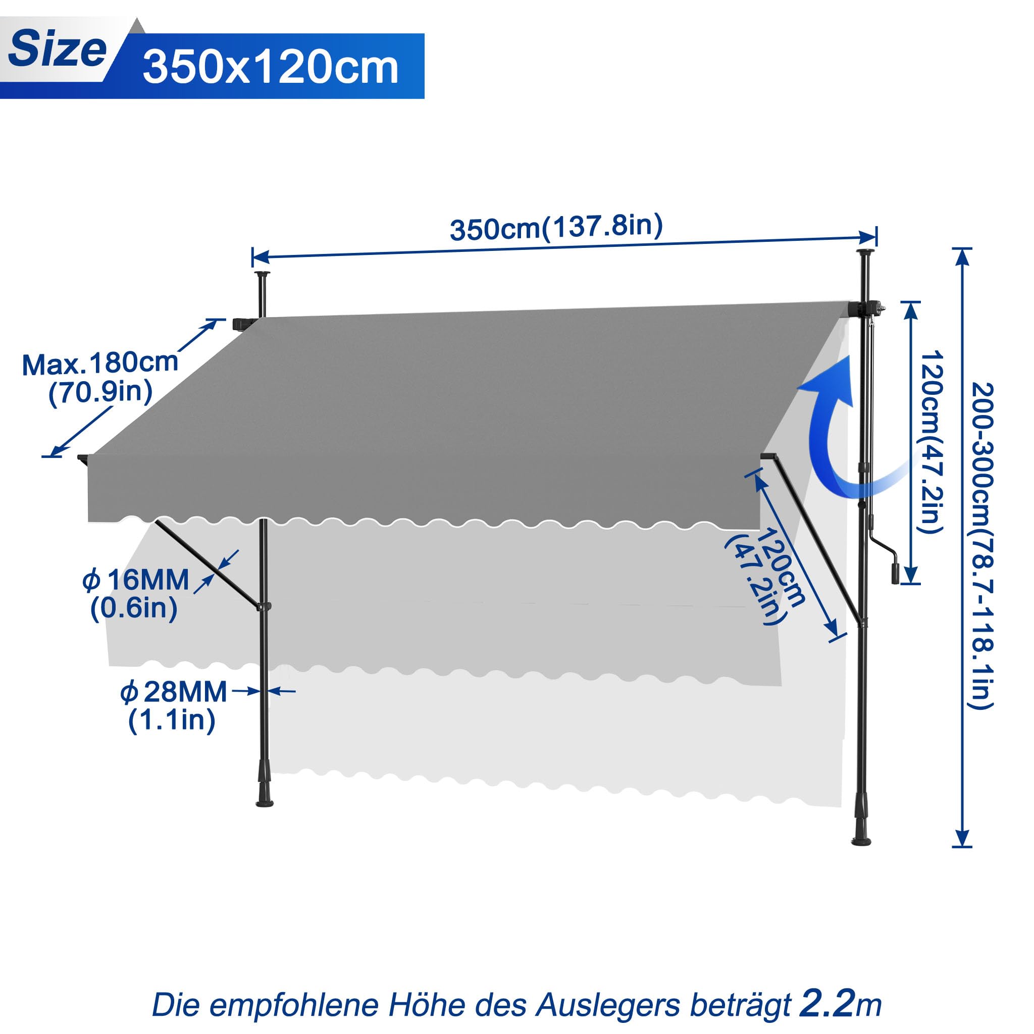 UISEBRT Klemmmarkise 350cm breit - Balkonmarkise mit kurbel ohne Bohren Verstellbar, UV-Schutz, Sonnenschutz, Wetterfest, Hellgrau (3,50 x 1,20 m,Hellgrau)