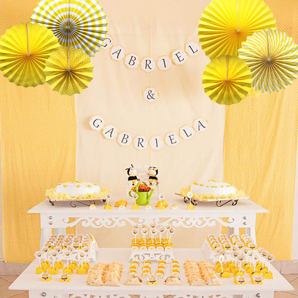 ADLKGG Party Hanging Paper Fans Set, Yellow Round Pattern Paper Garlands Decoration for Birthday Wedding Graduation Events Accessories, Set of 6 2