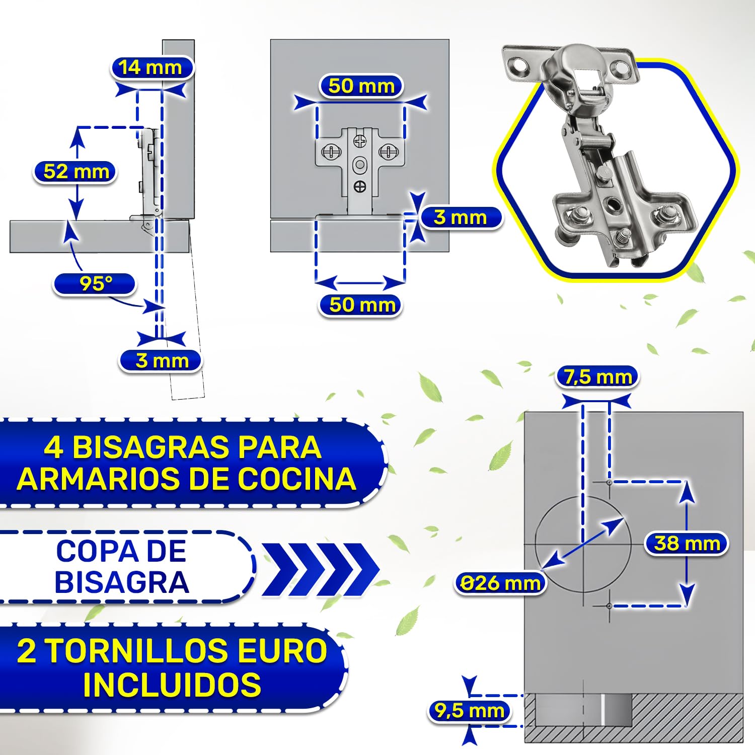 4 Piezas Bisagra Puertas Cocina con Ángulo Apertura 95° - Dotados del Sistema Slide-On - Montaje de Bisagra para Puertas H=0 Ø 26 mm - Garantía de 10 Años - MONTERAL
