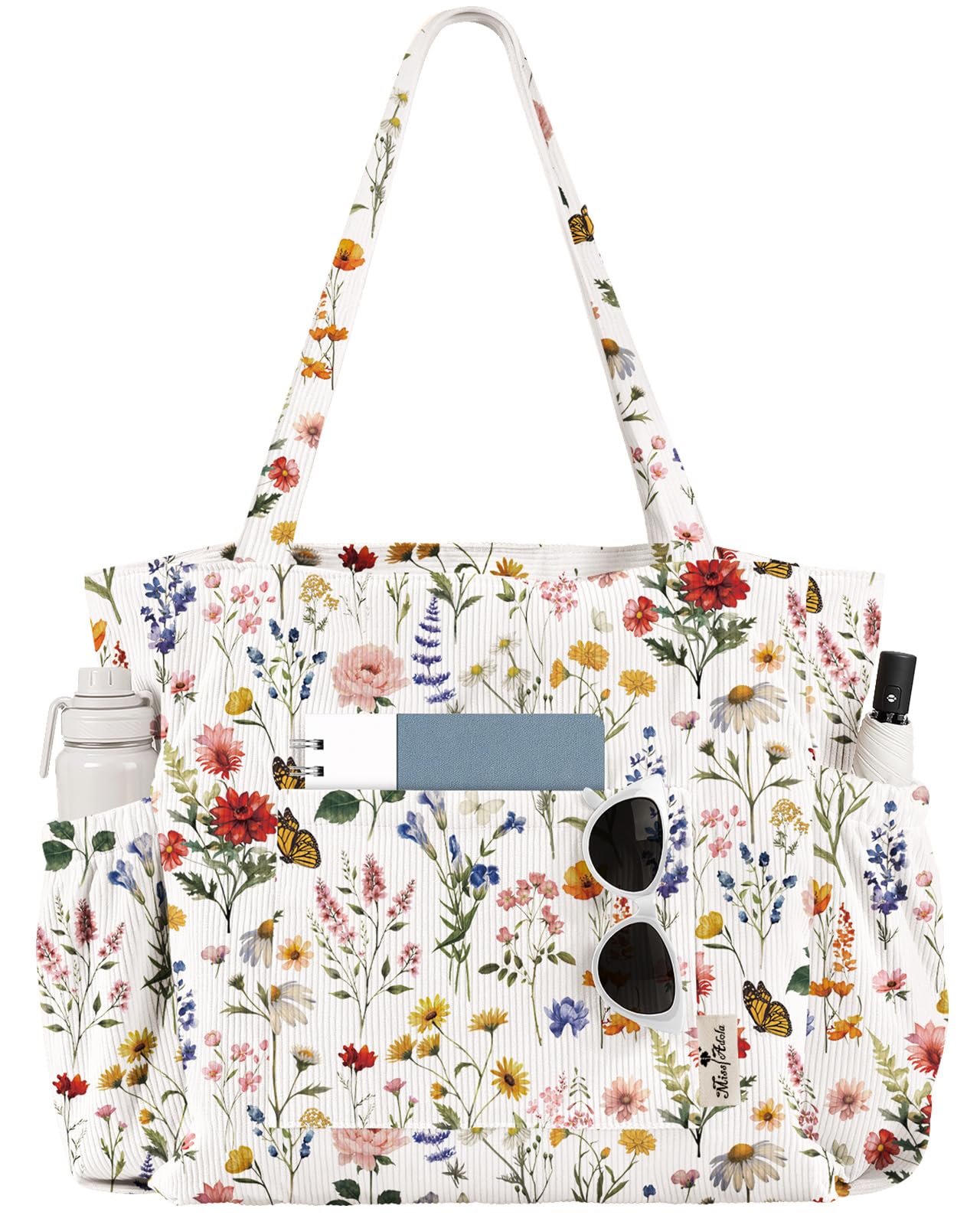 Large Corduroy Tote Bag for Women - Cute Shoulder Reusable Canvas Bags with Zipper Multi-Pocket for School