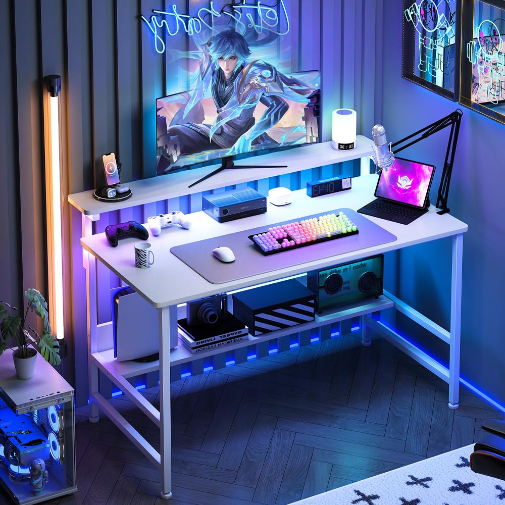 Jantens Gaming Desk with Double Layer Metal Frame Office Table, 3 Heights Adjustable Monitor Rack Study Desk Ergonomic Table with Storage Tier 110 * 45 * 75CM