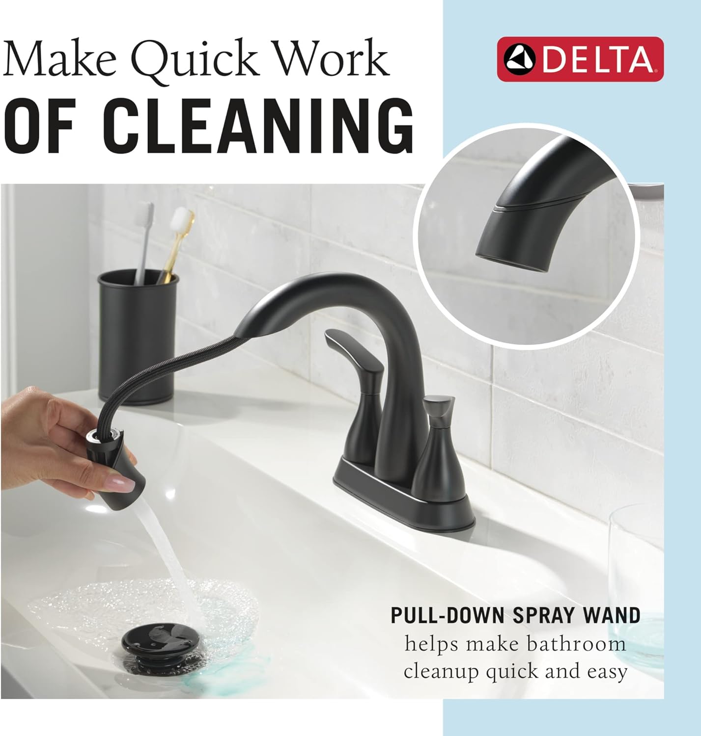 Delta Broadmoor Centerset Matte Black Bathroom Faucet with Sprayer, 4 Inch 3 Hole Bathroom Sink Faucet with Pull Out Sprayer, Push-Pop Drain, Matte Black 25765LF-BLPD - Image 2