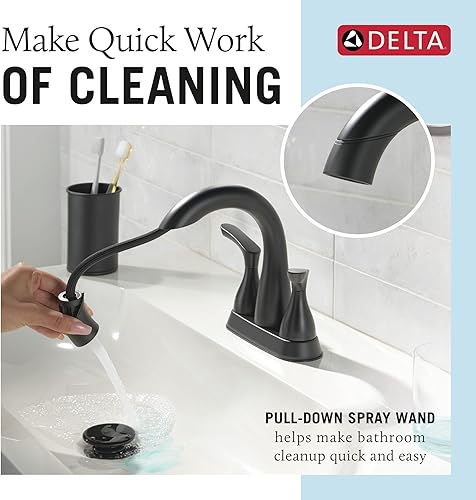 Miniatura 2 de Delta Broadmoor - Grifo central de baño negro mate con rociador, grifo de lavabo de baño de 4 pulgadas y 3 agujeros con rociador extraíble, drenaje