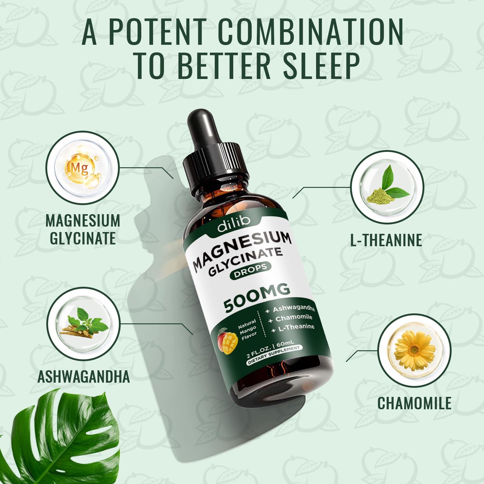 Magnesium Glycinate Supplement, Magnesium Liquid Drops with Magnesium Glycinate 500mg Ashwagandha, L - Theanine, Chamomile -Support Stress Relief, Bone, Muscle, Mood Vegan Natural Mango Flavor — Amazon image 3