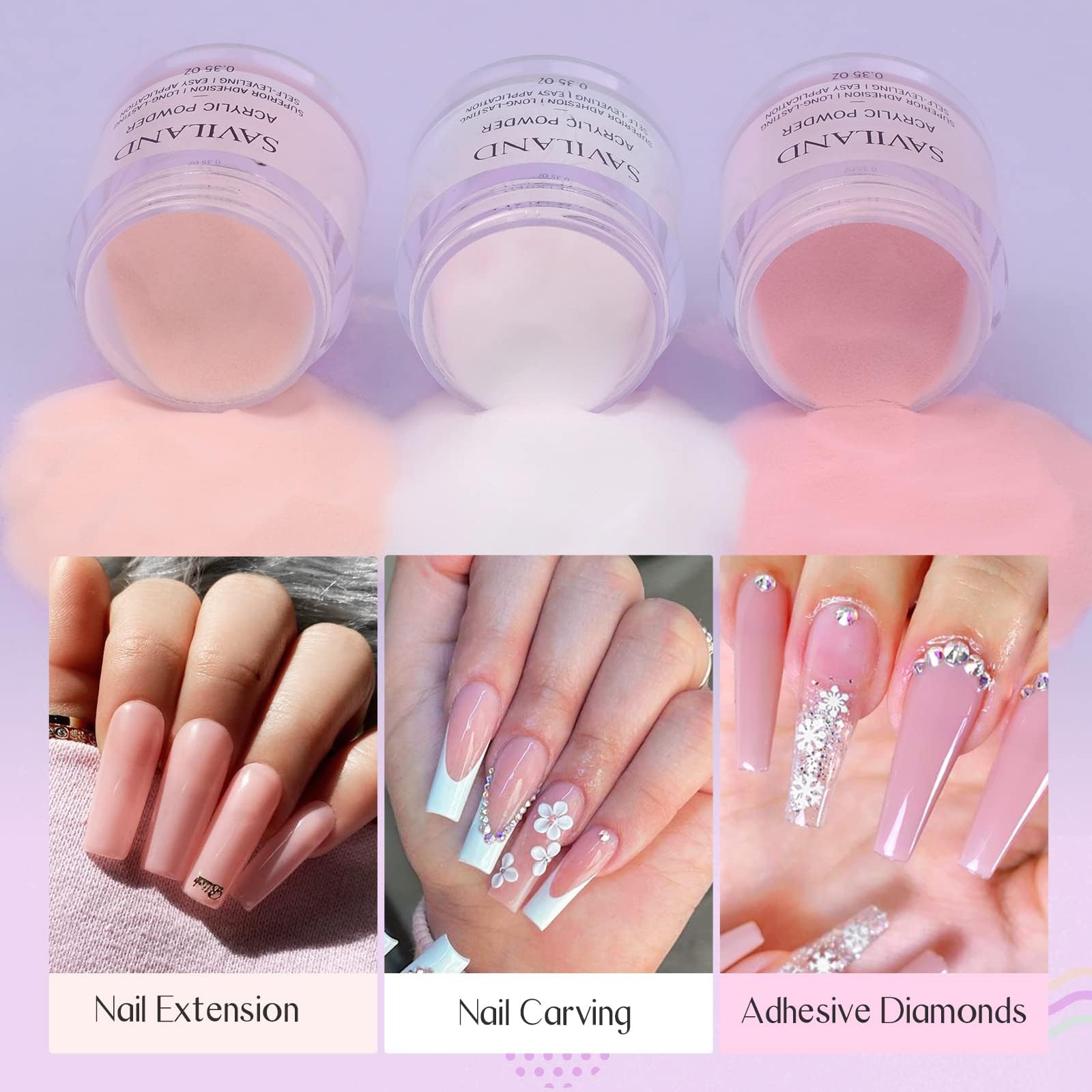 Saviland Acrylic Nail Kit - Pudry I Płyny Akrylowe, 3 Kolory Zestaw Przezroczystych Pudrów Akrylowych w Kolorze Różowym Nude do PrzedłUżania Paznokci Akrylowych