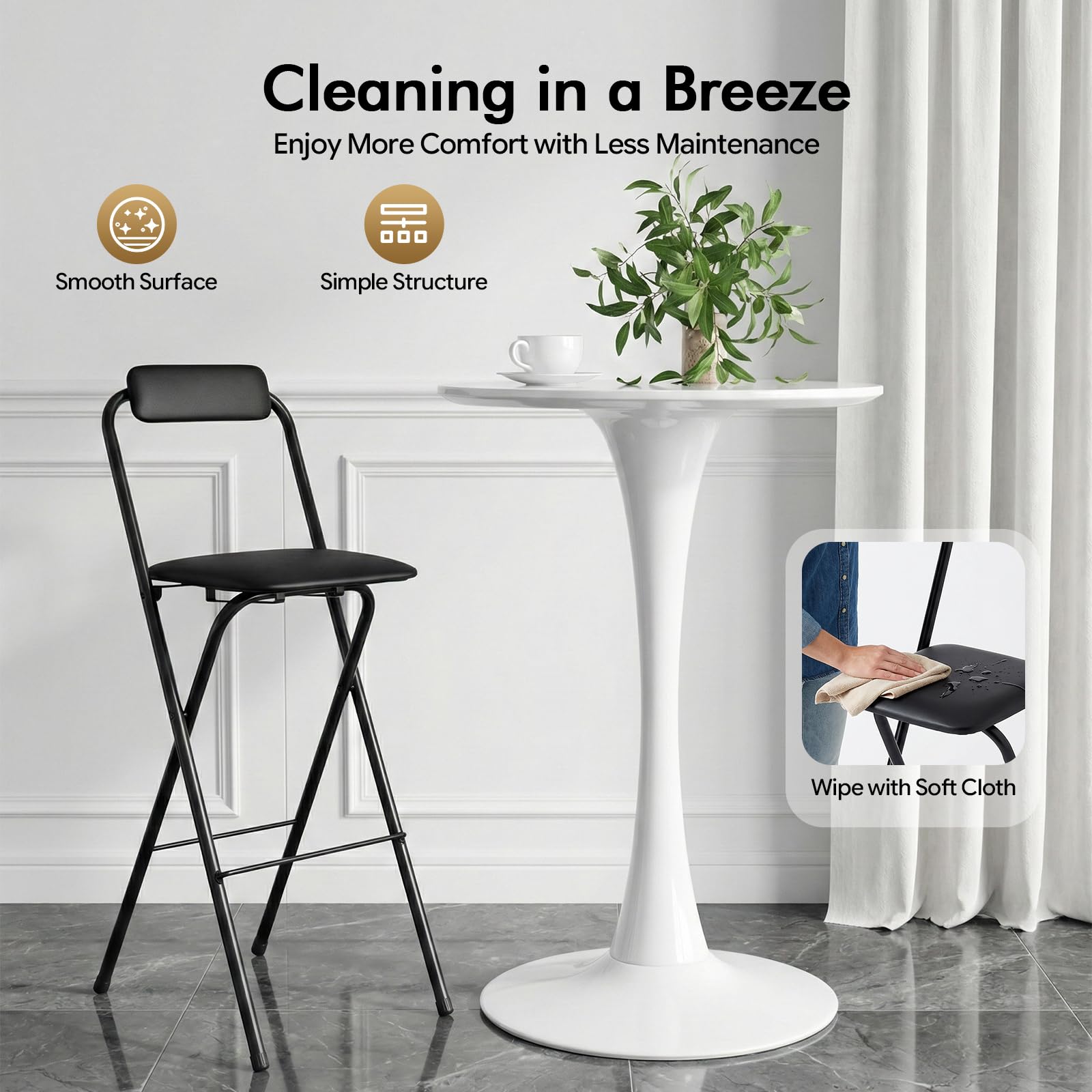 Tabouret Haut de Bar Pliant, Tabouret et Chaise de Bar Haute Pliante Pliable avec Dossier pour Exterieur Interieur Camping Jardin Balcon Salon/Assise Noire/Hauteur D'Assise 75CM