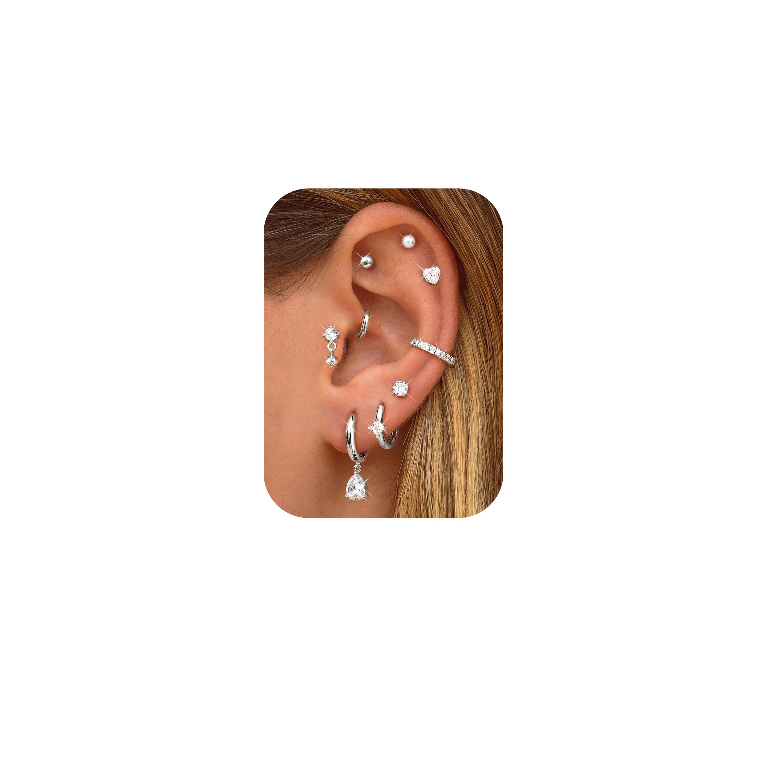 Set Di 9 Paia Di Orecchini A Cerchio E A Perno In Acciaio Chirurgico – Ipoallergenici, Con Zirconi, Per Piercing Multipli - 3