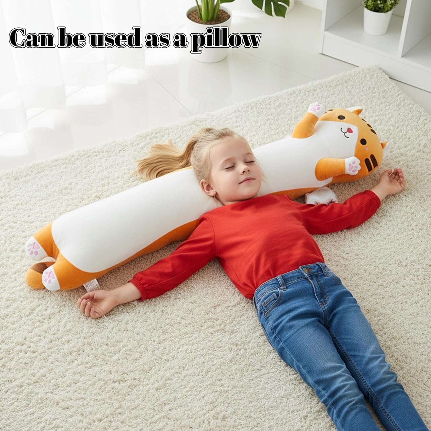 Animali di peluche, cuscino lungo, XXL, con ali e gatti, morbido gatto Kawaii, grande peluche per bambini e adulti (giallo, 110 cm