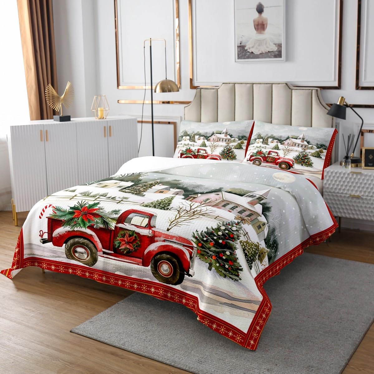 Castle Fairy 3 Piece Red Truck Quilt Bedding Set Women Aldult Lightweight Bedding Christmas Tree Bedspread Set Snow Scene Bedspread Coverlet Soft Microfiber Home Quilt Set for King Bed All Season