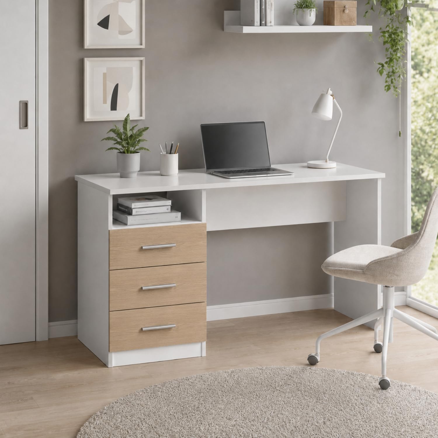 Arreditaly Scrivania Desk Lipsia Per Studio Con Cassetti Laterali Postazione PC Salvaspazio Ufficio Soggiorno E Cameretta 120 X 72 X 48 Cm Bianco E Rovere