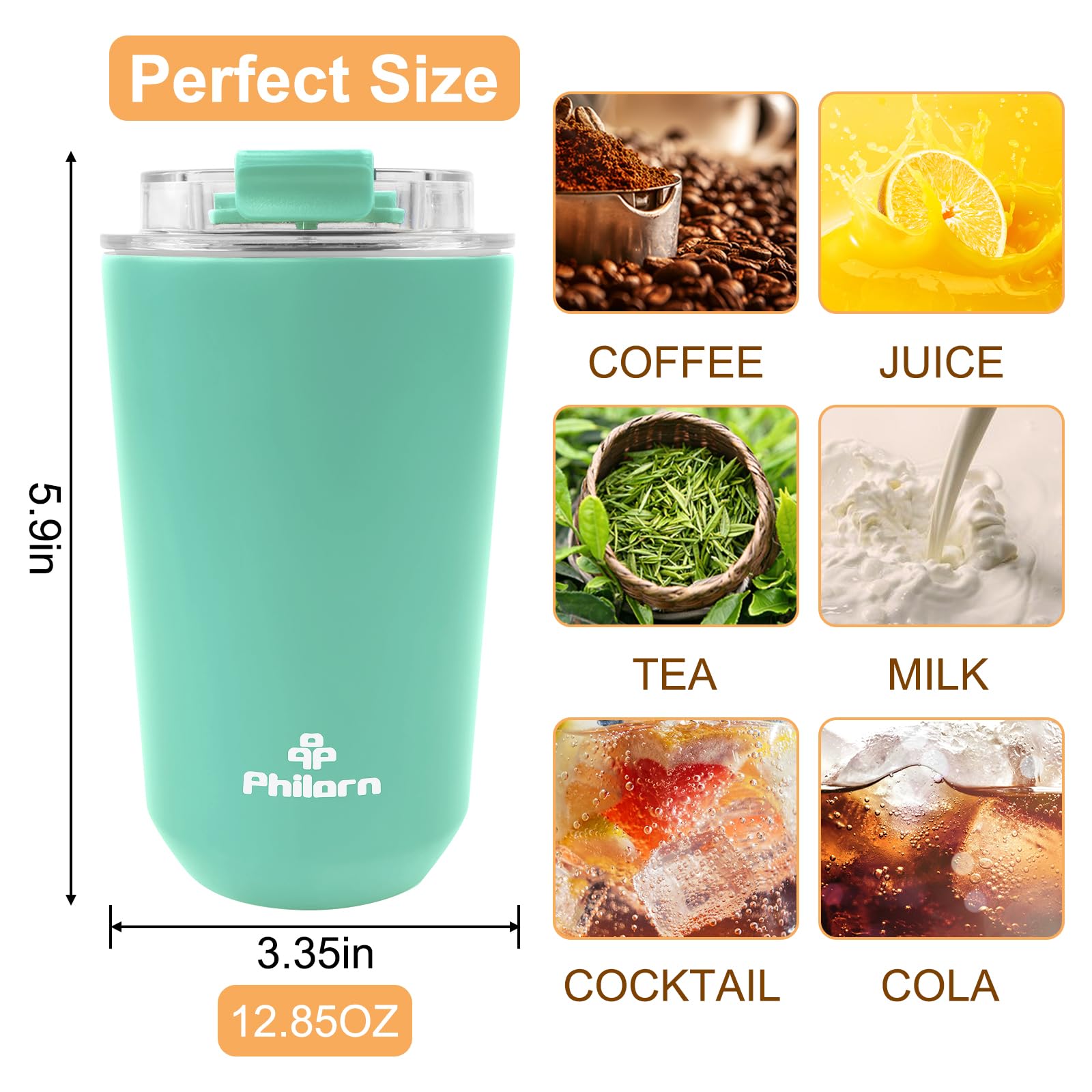 Philorn Coffee Cup, 13 oz/380 ml Insulated Travel Mug with Leakproof Lid & Double Wall - Image 2