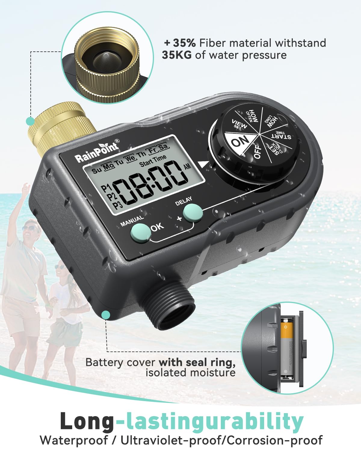 RAINPOINT Temporizador de aspersor con 3 programas individuales, temporizador de agua de entrada de latón para manguera de jardín, controlador de aspersor, sistema de riego automático/manual para