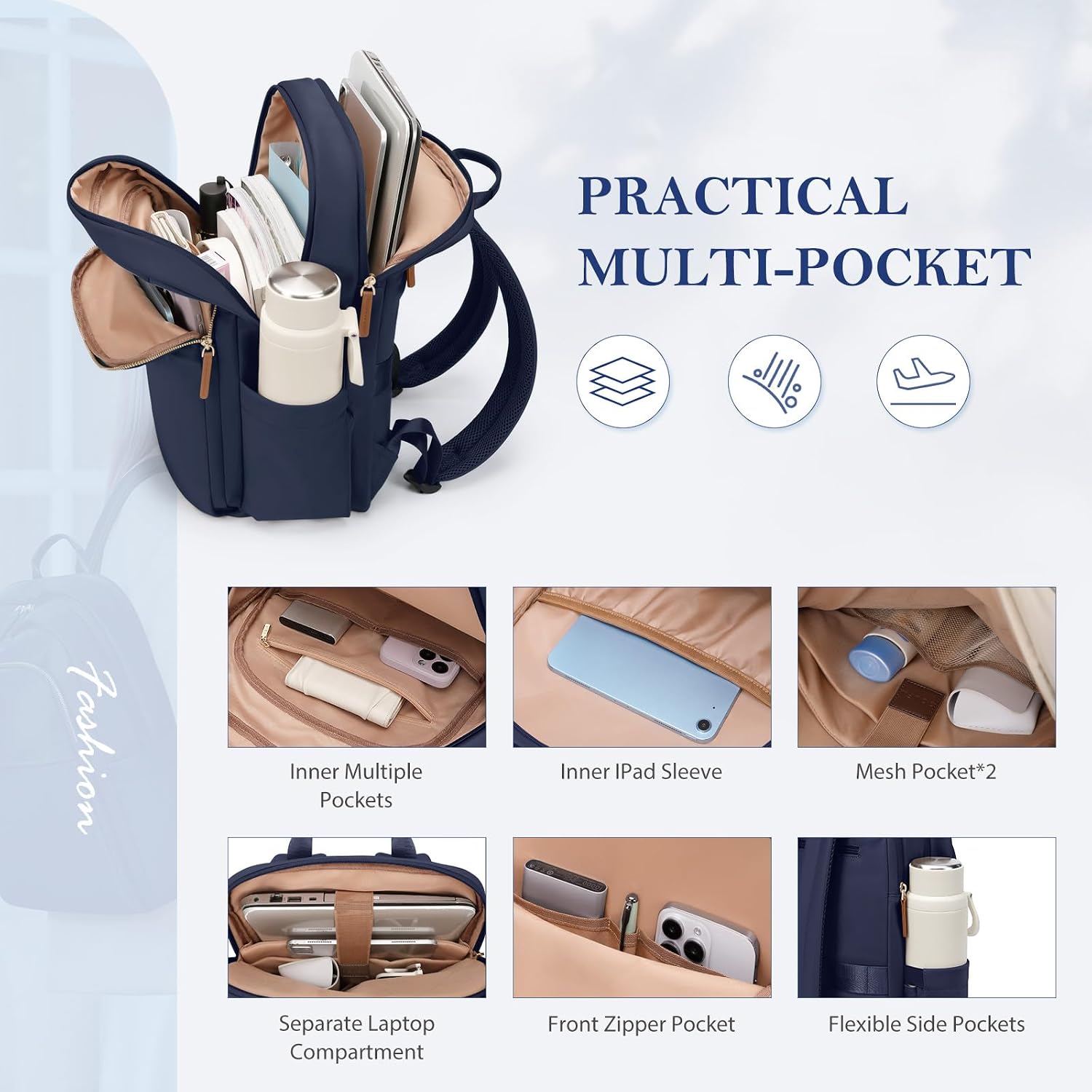 Travel Backpack for Women Personal Carry On Bag Business Weekender Hiking Multilayer Laptop Bag,16 Inch,Navy blue