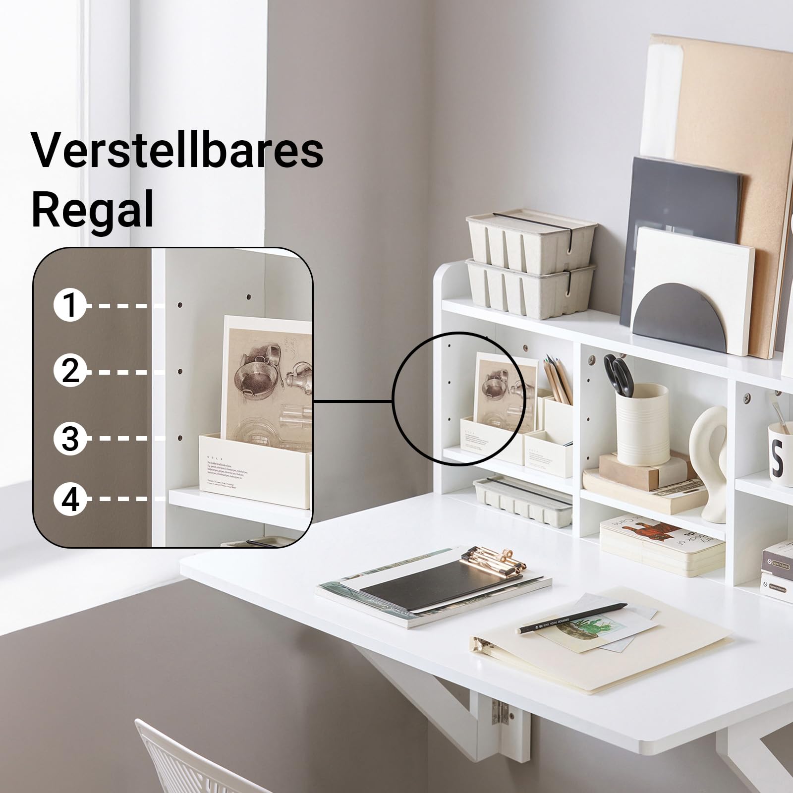 SoBuy Wandklapptisch mit Regal, klappbarer Schreibtisch Küchentisch klappbar, platzsparender Esstisch Wandtisch für Homeoffice, Wohnzimmer und kleine Räume, Weiß BHT ca. 90x78x60cm FWT07-II-W