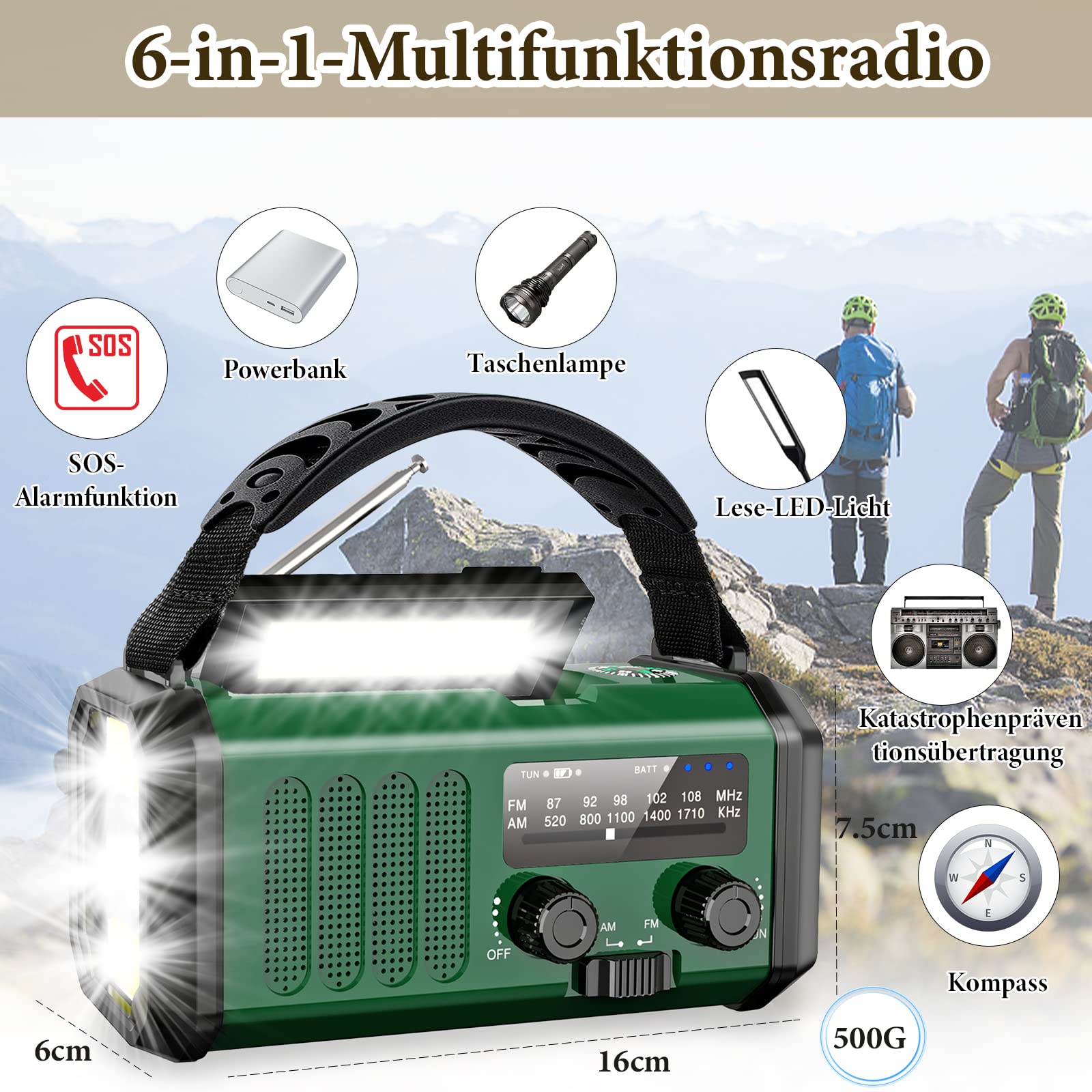 Radio a manovella, 10000 mAh, con manovella di emergenza, FM/AM portatile, radio di emergenza Dynamo Radio ricaricabile con funzione di ricarica del cellulare, torcia a LED, lampada da lettura