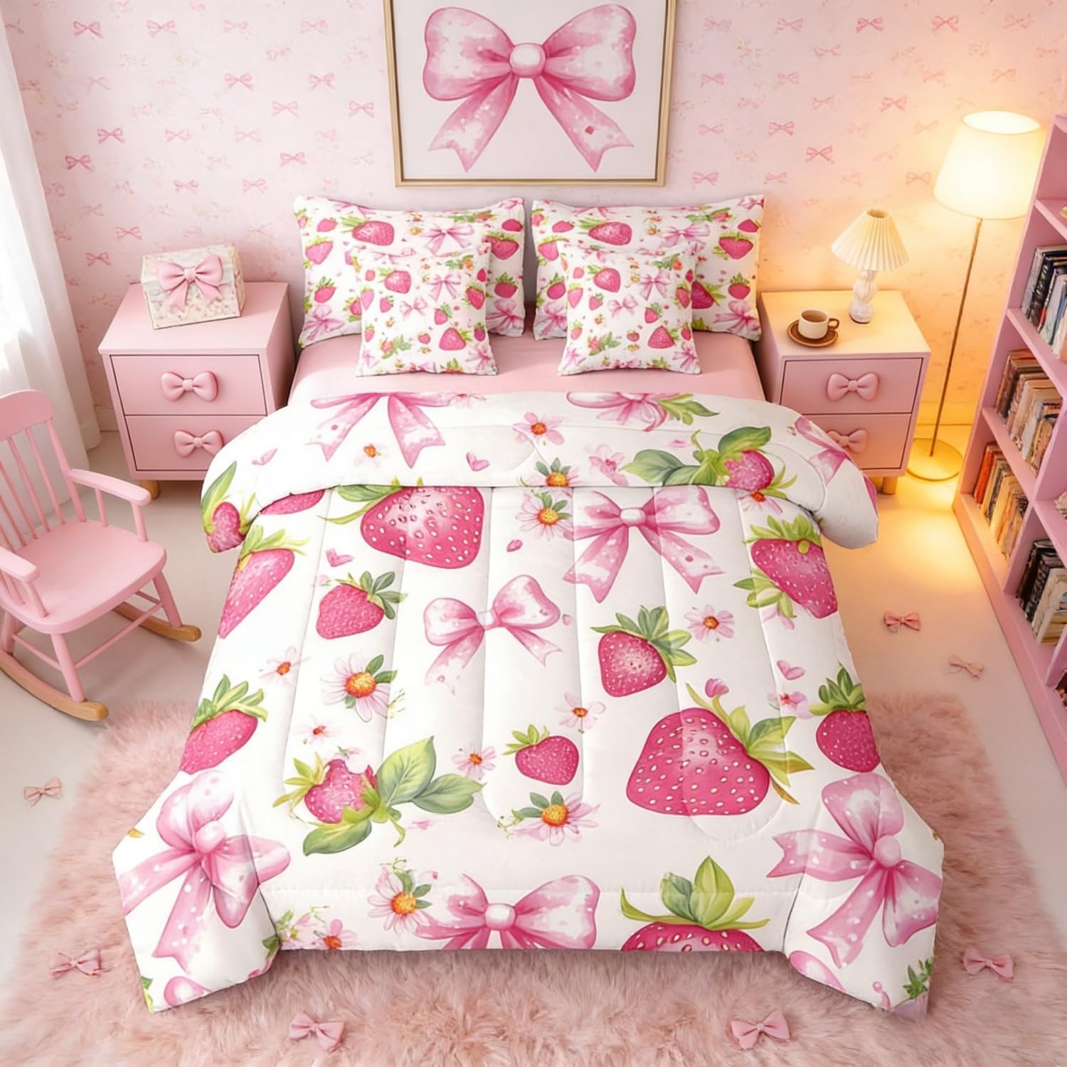 Erosebridal Cute Pink Bowknot 7 Piece Bedding Set Queen Size Strawberry Bed in A Bag Ribbon Bow Comforter with Sheets Bow Tie Bed Sets