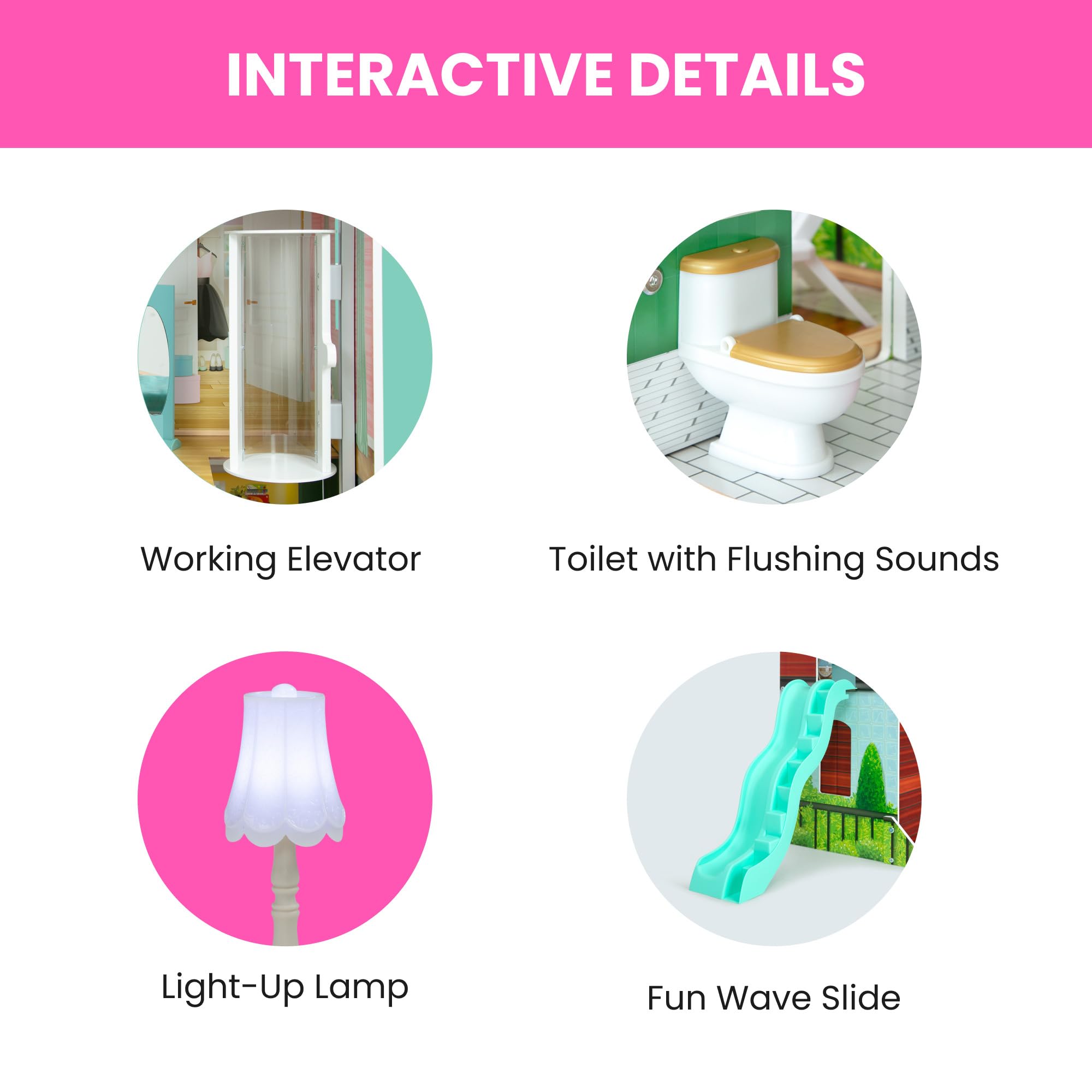 Delta Children Deluxe Maui domek dla lalek - duży 4-piętrowy domek dla lalek z 12 pokojami zawiera 50 akcesoriów - winda robocza, zjeżdżalnia falista, światła/dźwięki - pasuje do lalek 30 cm - prezent