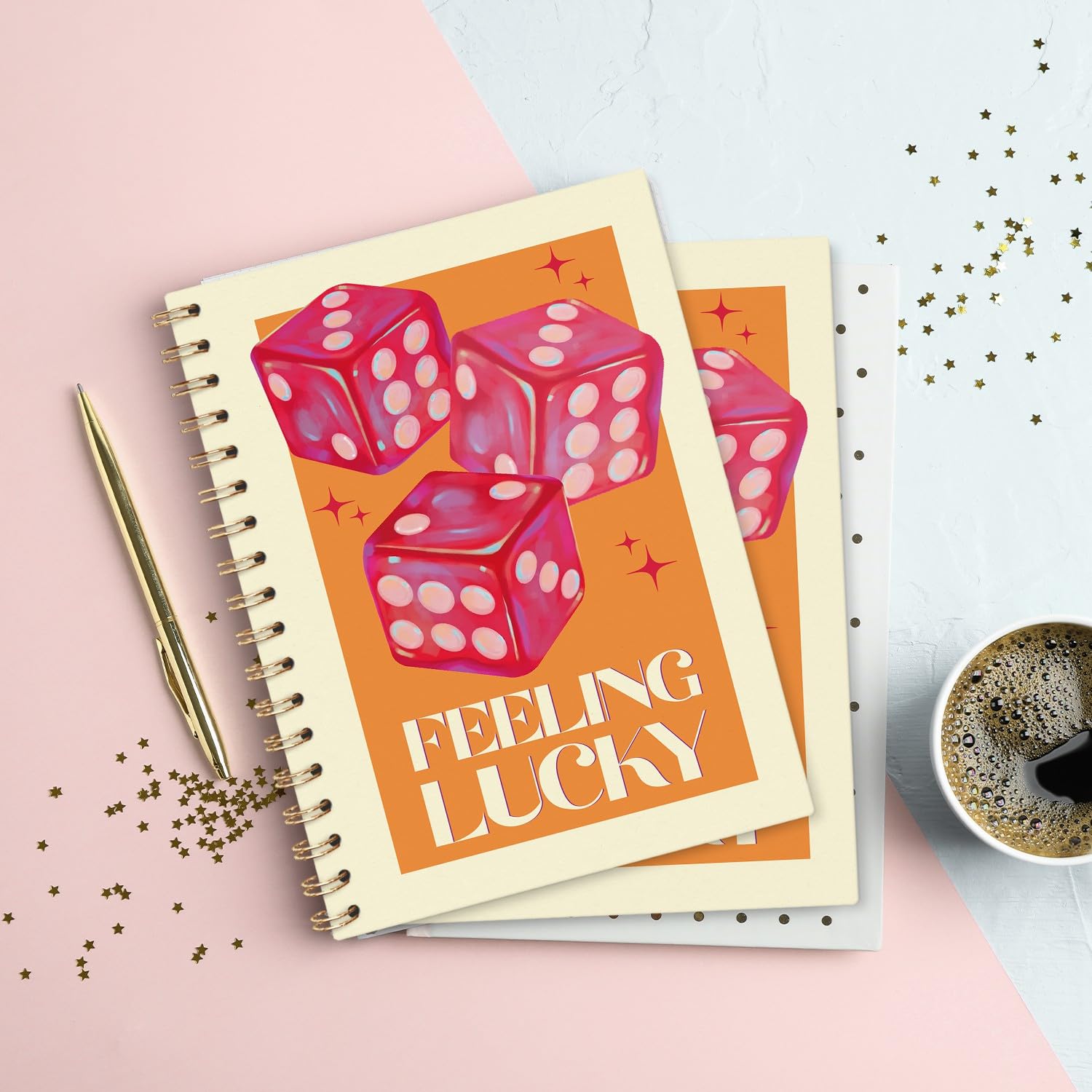 VONTP Trendiges adrettes Notizbuch, Feeling Lucky Dice Spiralnotizbuch, Hardcover, Kokett-Tagebuch, College-Notizbuch, Tagebuch zum Schreiben, adrettes Geschenk für Frauen, Teenager, Mädchen, 14 x 21