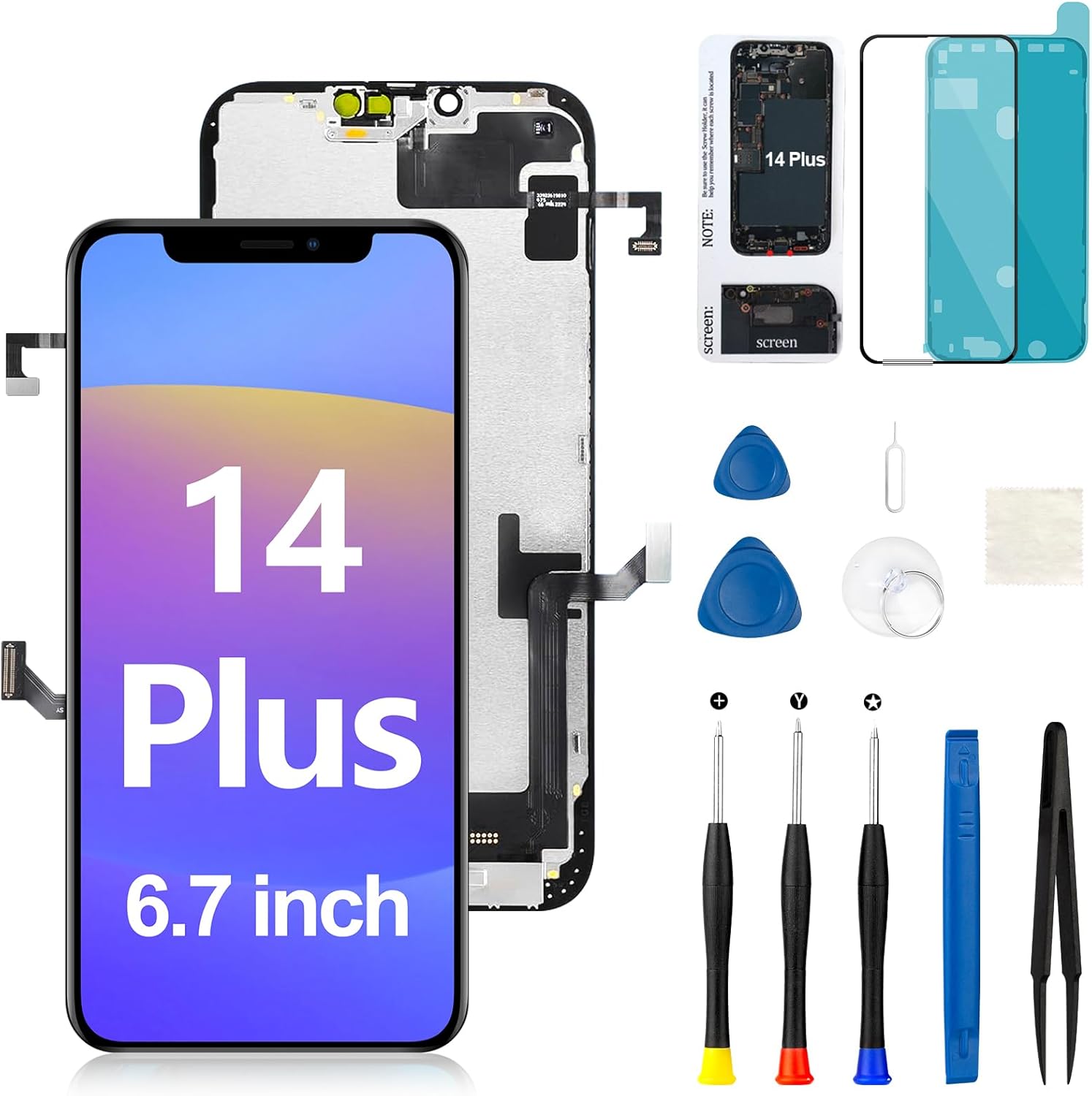 for iPhone 14 Plus Screen Replacement with Front Earpiece Speaker Flex Cable Proximity Sensor 3D Touch LCD Frame Display Digitizer Repair Kit Full Assembly A2632 A2885 A2886 A2887 6.7 inch