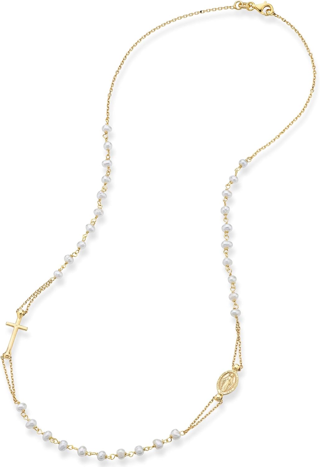Miabella 18K Gold Plated 925 Sterling Silver Handmade Italian White Freshwater Pearl Ball Beaded Sideways Rosary Cross Necklace for Women, Made in Italy